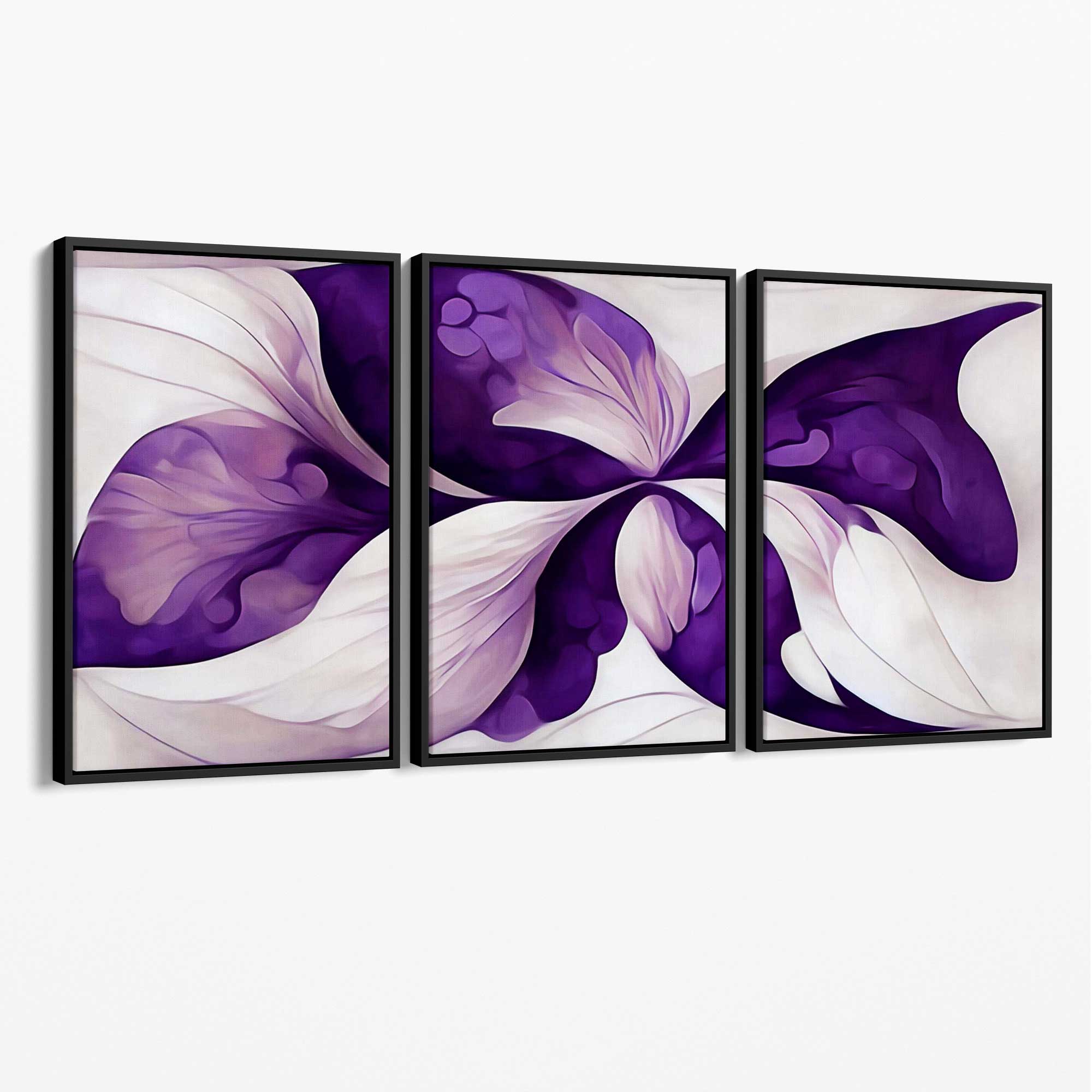 Abstract Purple Floral Set of 3 Canvas Art Prints with Black Float Frame