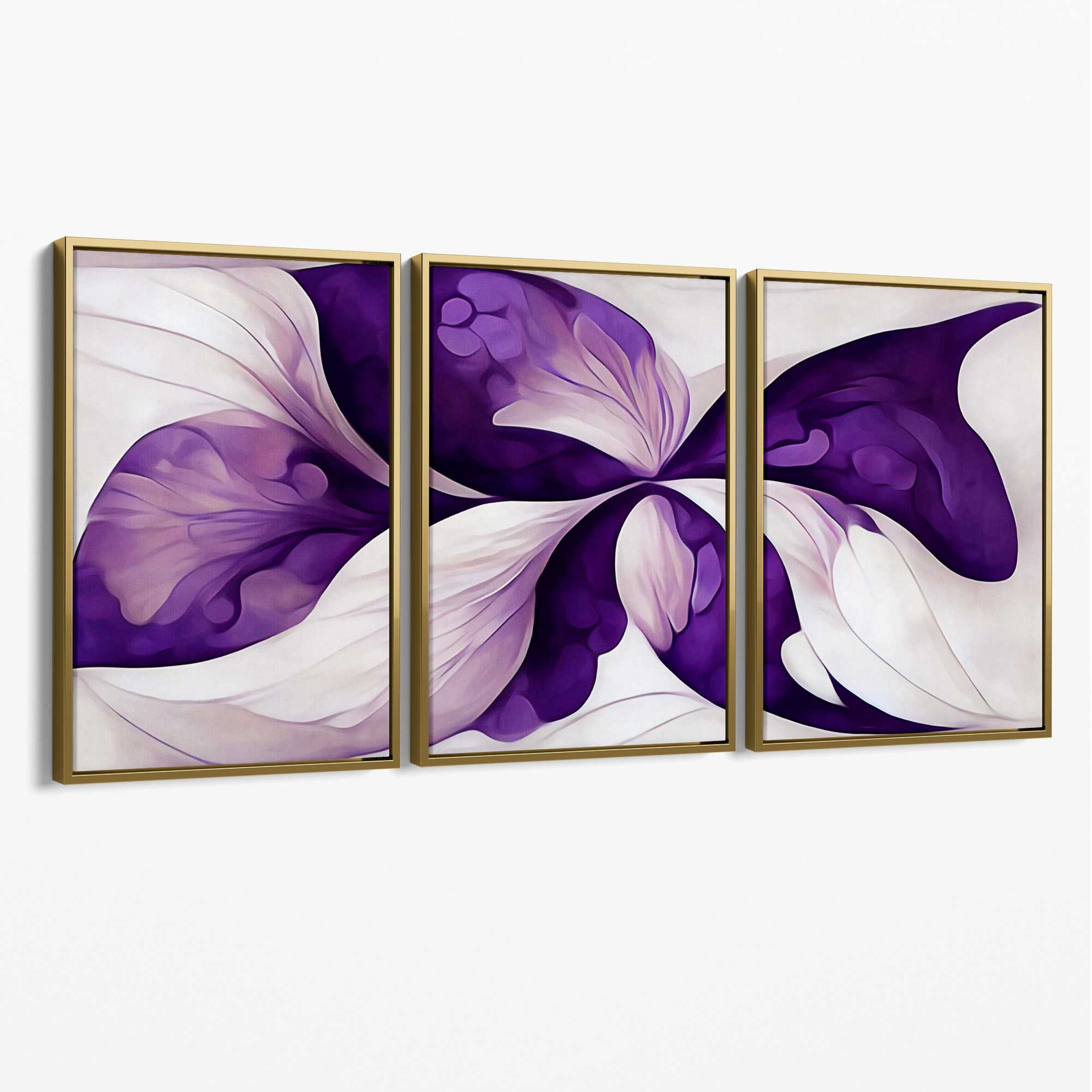 Abstract Purple Floral Set of 3 Canvas Art Prints with Gold Float Frame