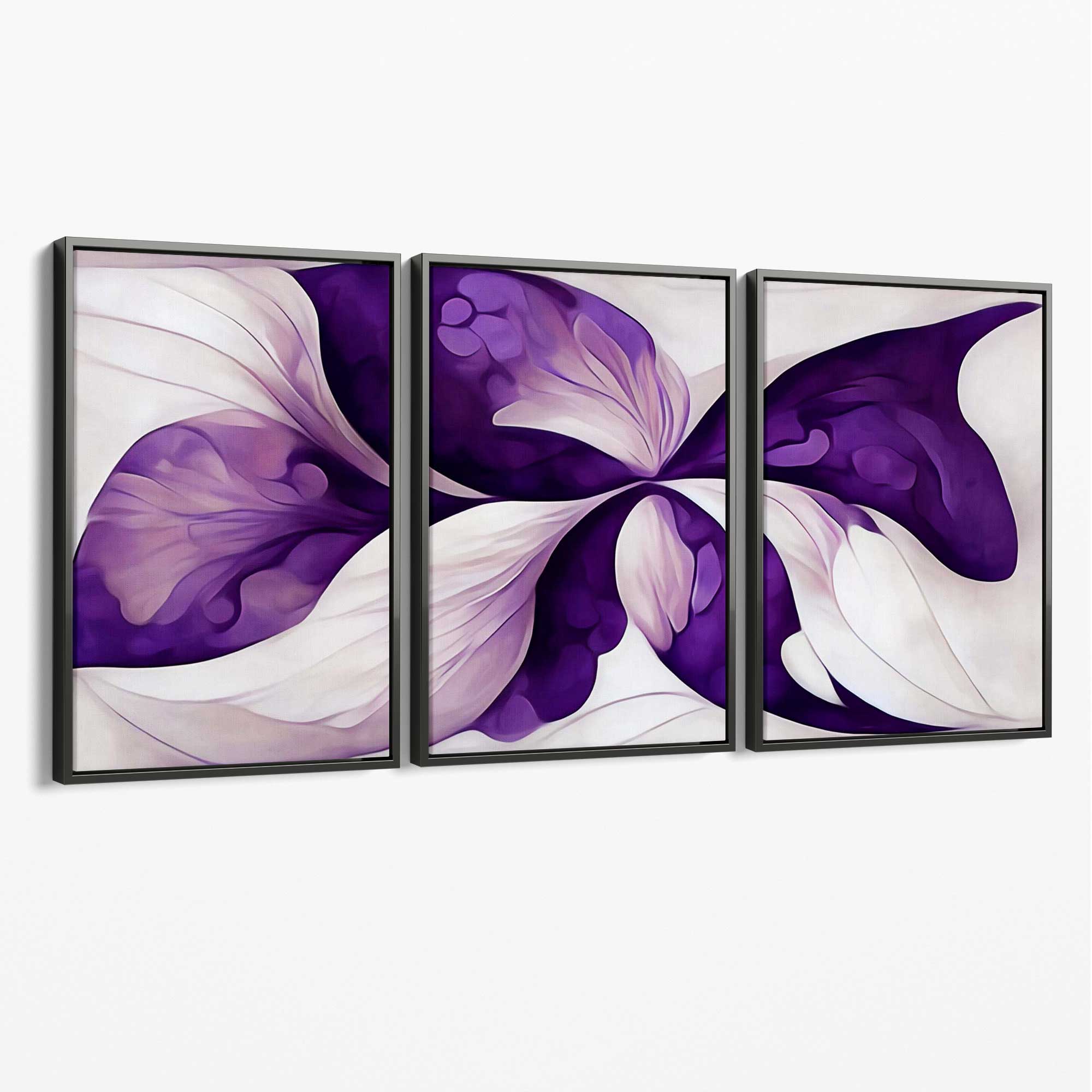 Abstract Purple Floral Set of 3 Canvas Art Prints with Grey Float Frame