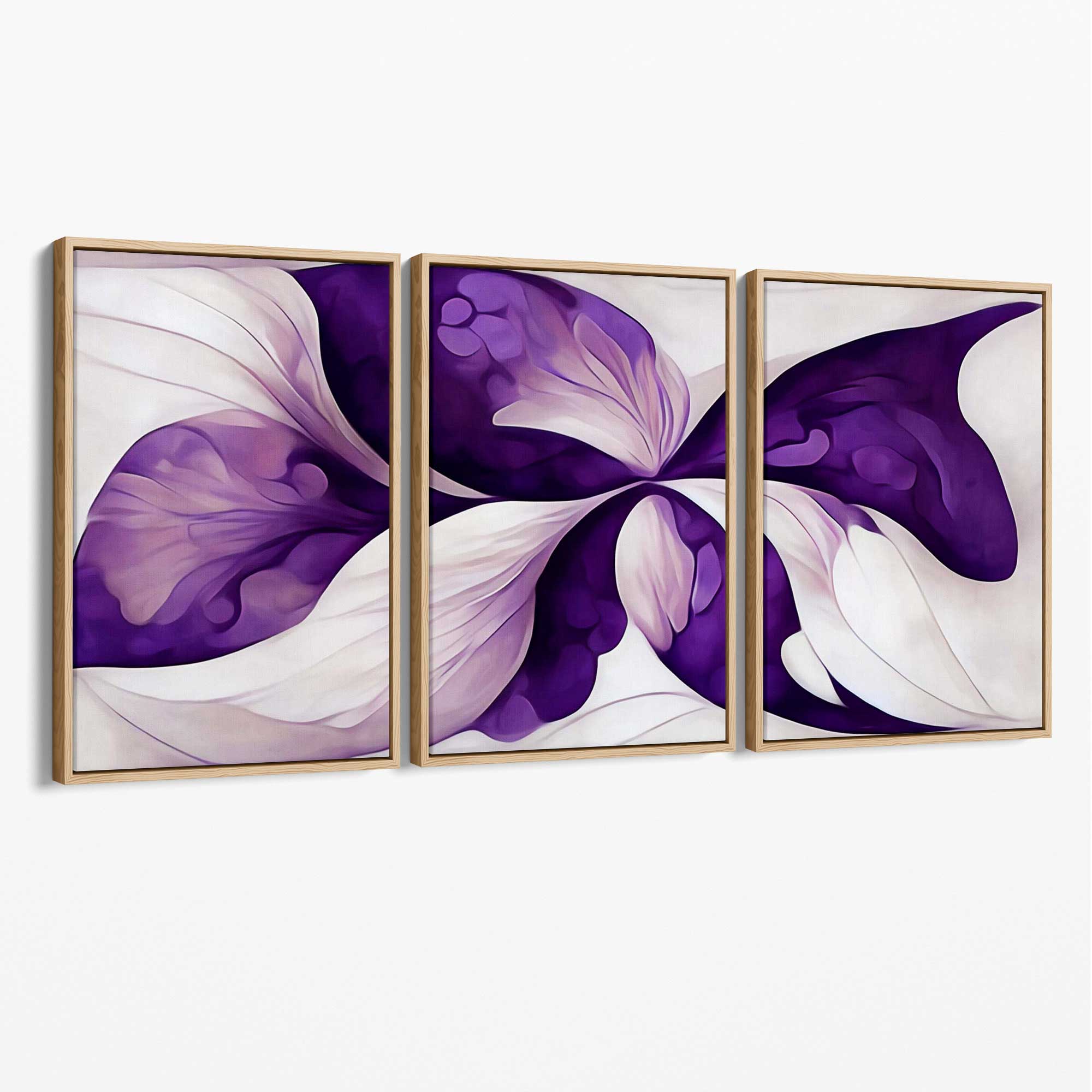 Abstract Purple Floral Set of 3 Canvas Art Prints with Oak Float Frame