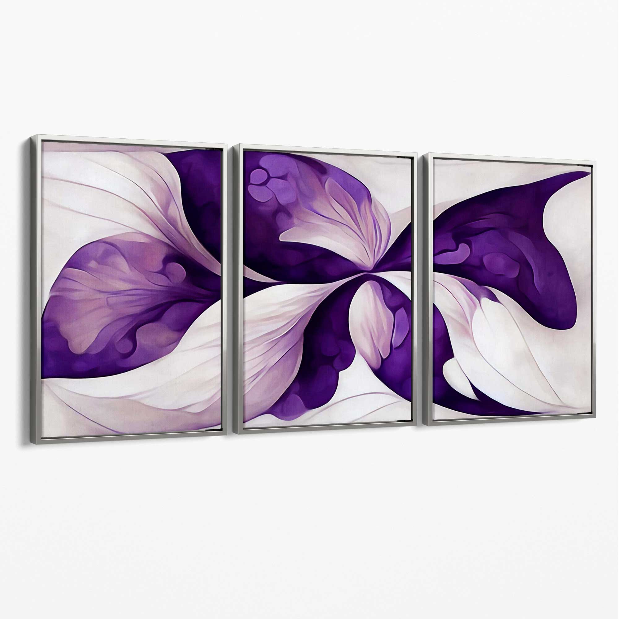 Abstract Purple Floral Set of 3 Canvas Art Prints with Silver Float Frame