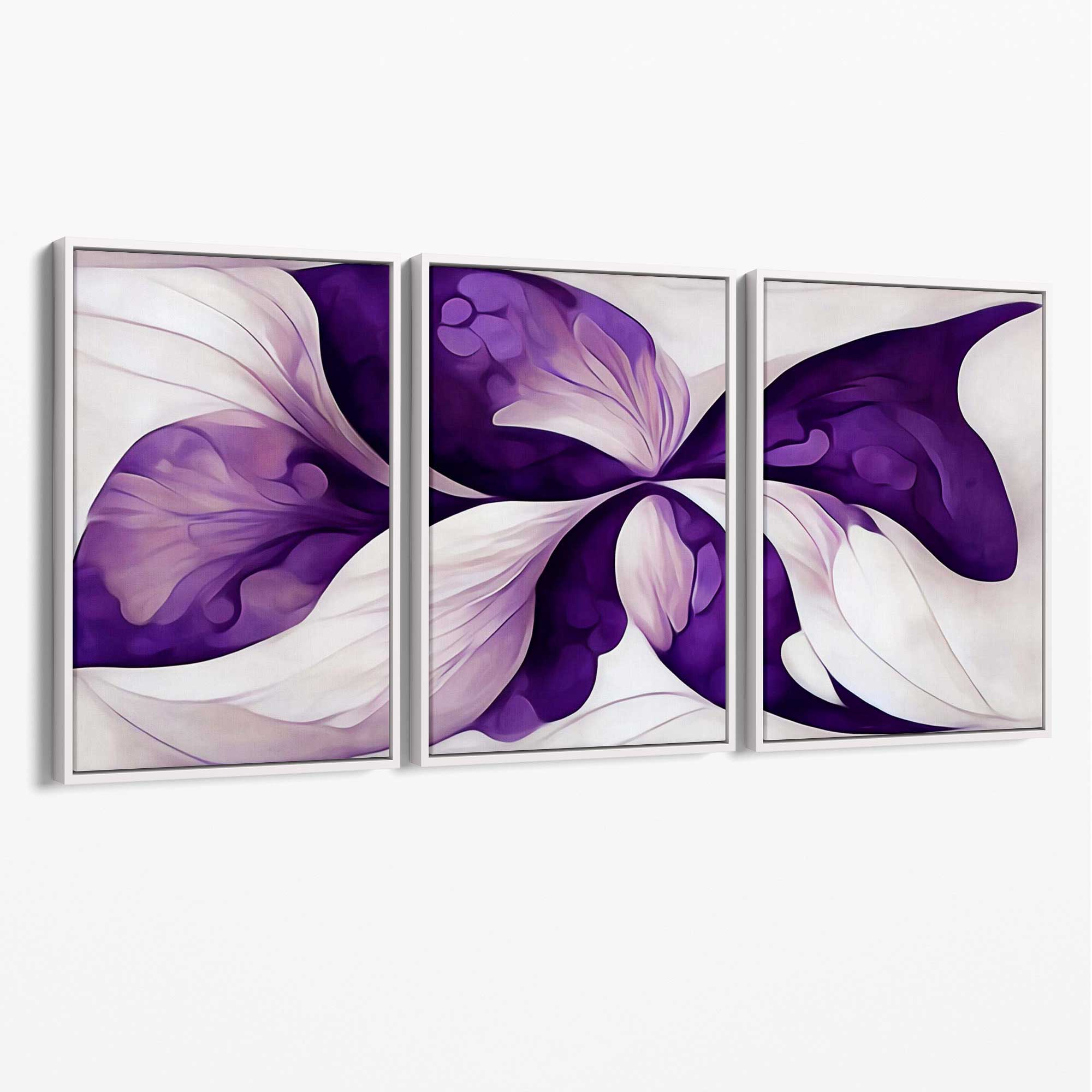 Abstract Purple Floral Set of 3 Canvas Art Prints with White Float Frame