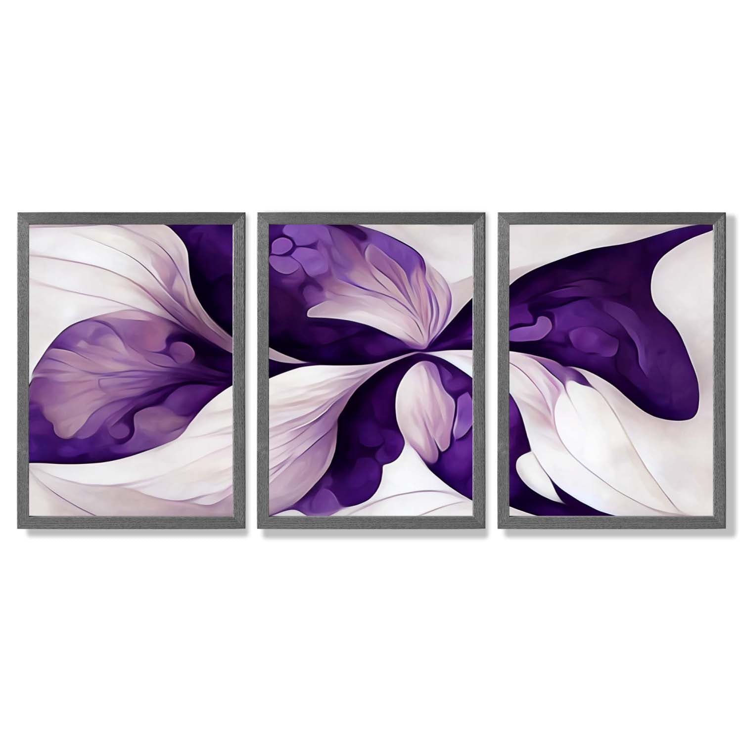 Abstract Purple Floral Set of 3 Framed Art Prints with Dark Grey Wooden Frames