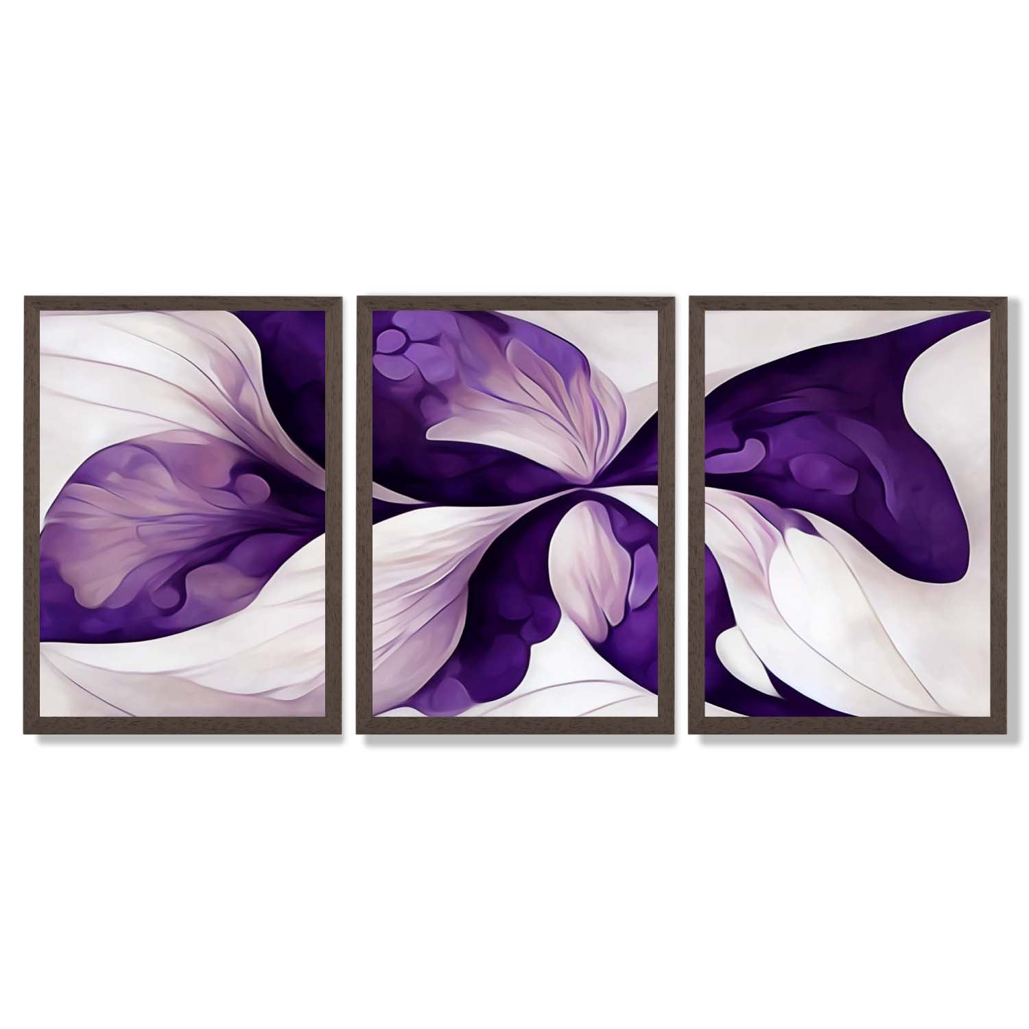 Abstract Purple Floral Set of 3 Framed Art Prints with Dark Wood Frames
