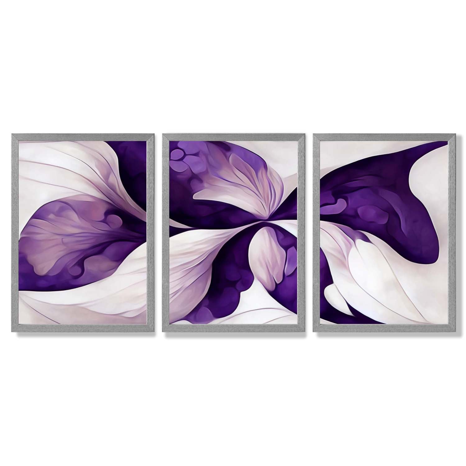 Abstract Purple Floral Set of 3 Framed Art Prints with Light Grey Wooden Frames