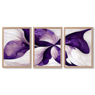 Abstract Purple Floral Set of 3 Framed Art Prints with Light Oak Frames