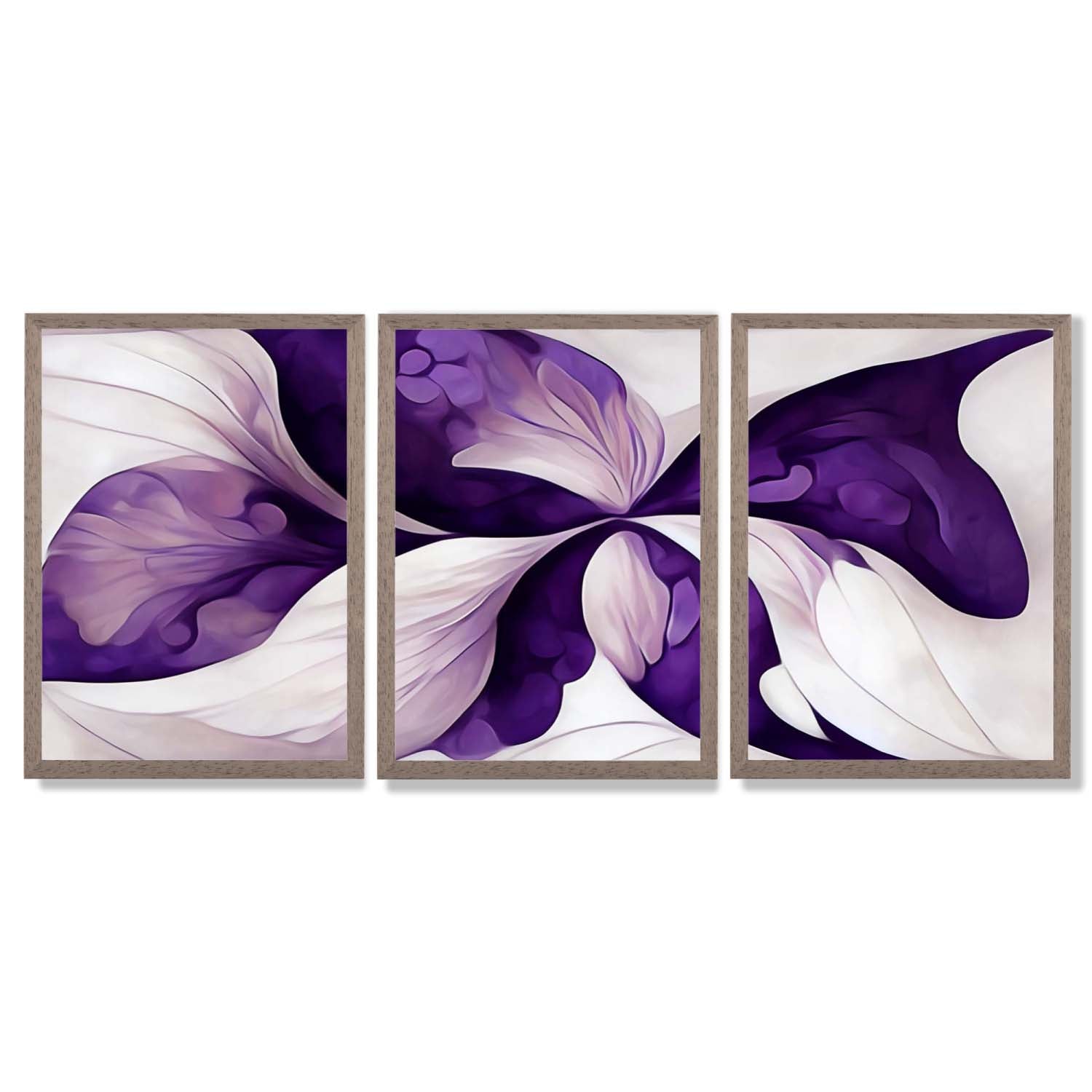 Abstract Purple Floral Set of 3 Framed Art Prints with Light Walnut Frames