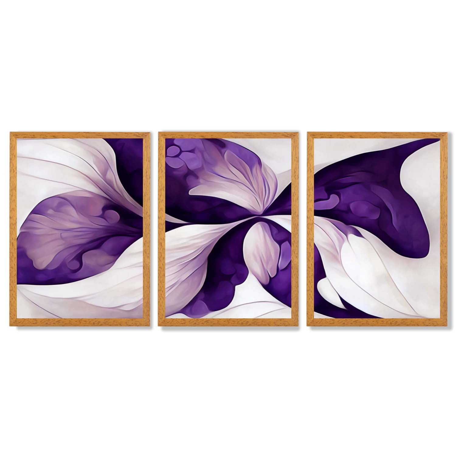 Abstract Purple Floral Set of 3 Framed Art Prints with Oak Wooden Frames
