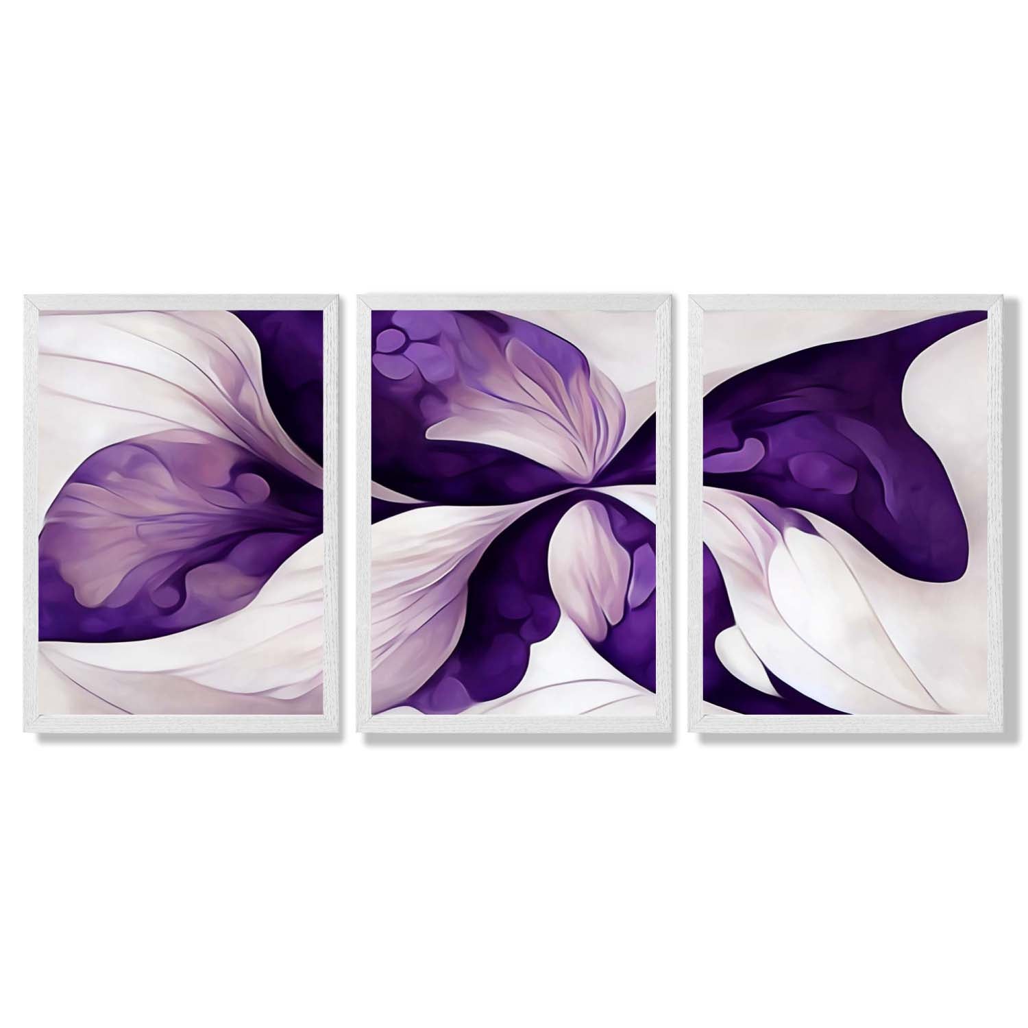 Abstract Purple Floral Set of 3 Framed Art Prints with White Wooden Frames
