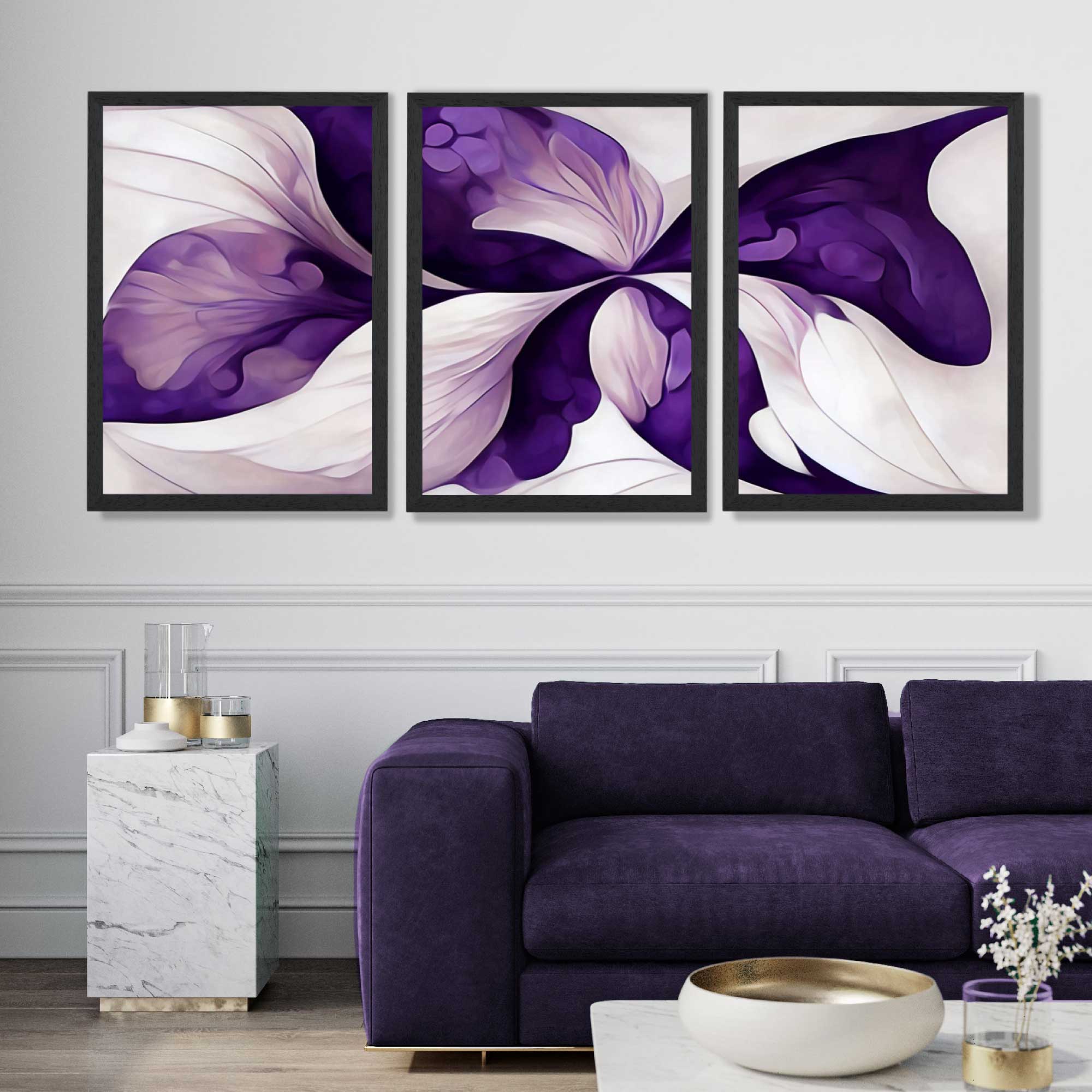 Abstract Purple Floral Set of 3 Art Prints in Black Frames | Artze UK