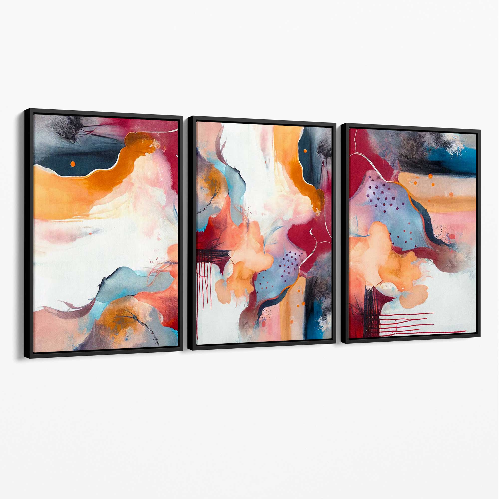 Abstract Colourful Modern Set of 3 Canvas Art Prints with Black Float Frame