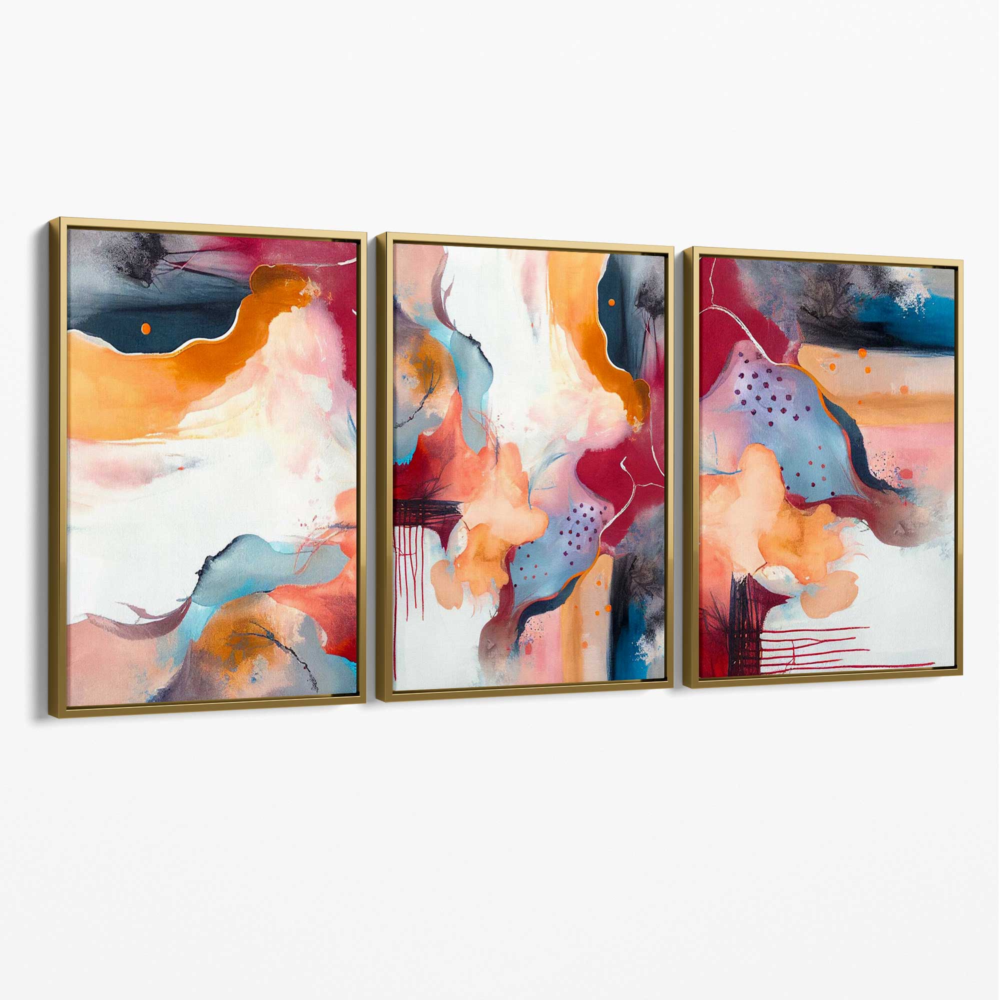 Abstract Colourful Modern Set of 3 Canvas Art Prints with Gold Float Frame