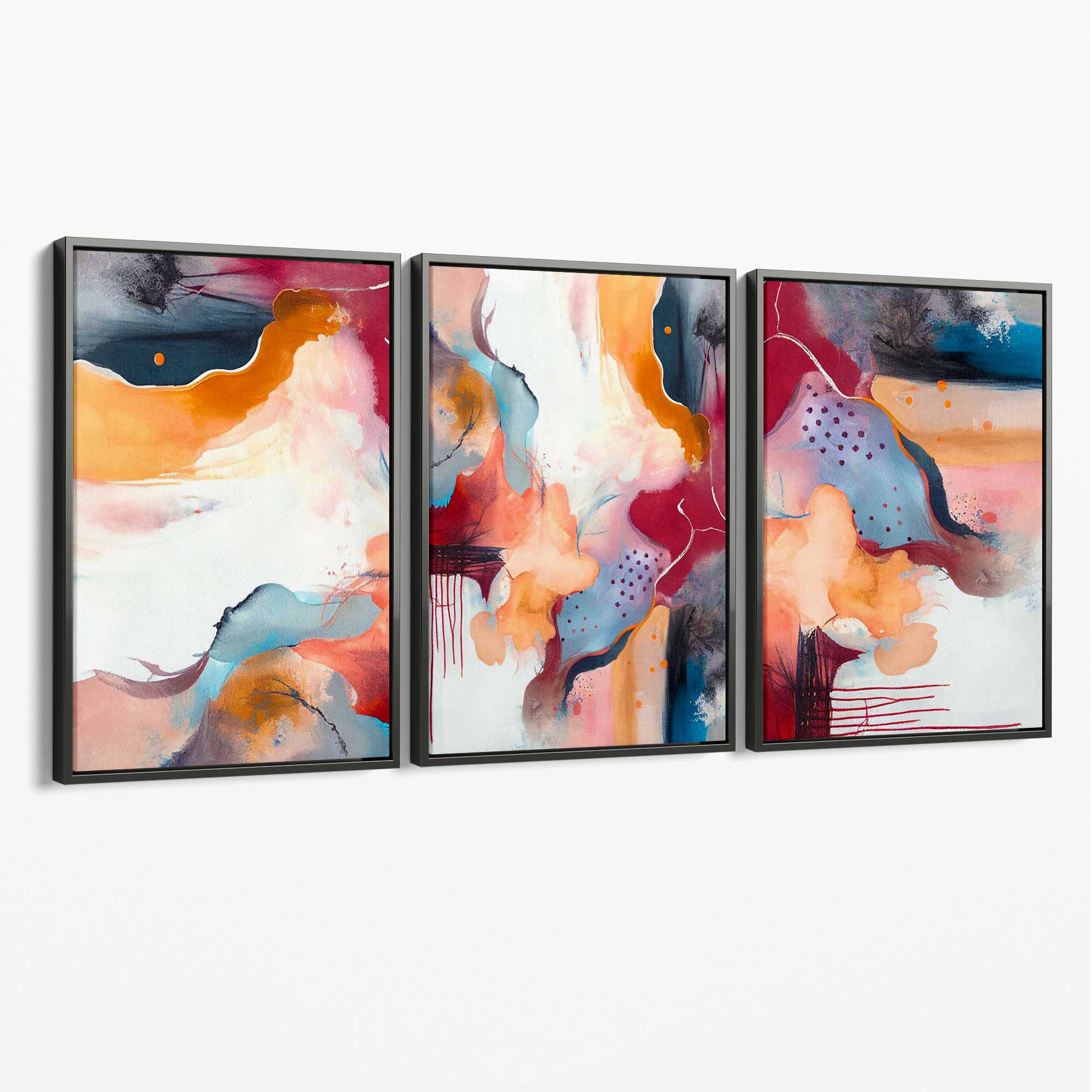 Abstract Colourful Modern Set of 3 Canvas Art Prints with Grey Float Frame