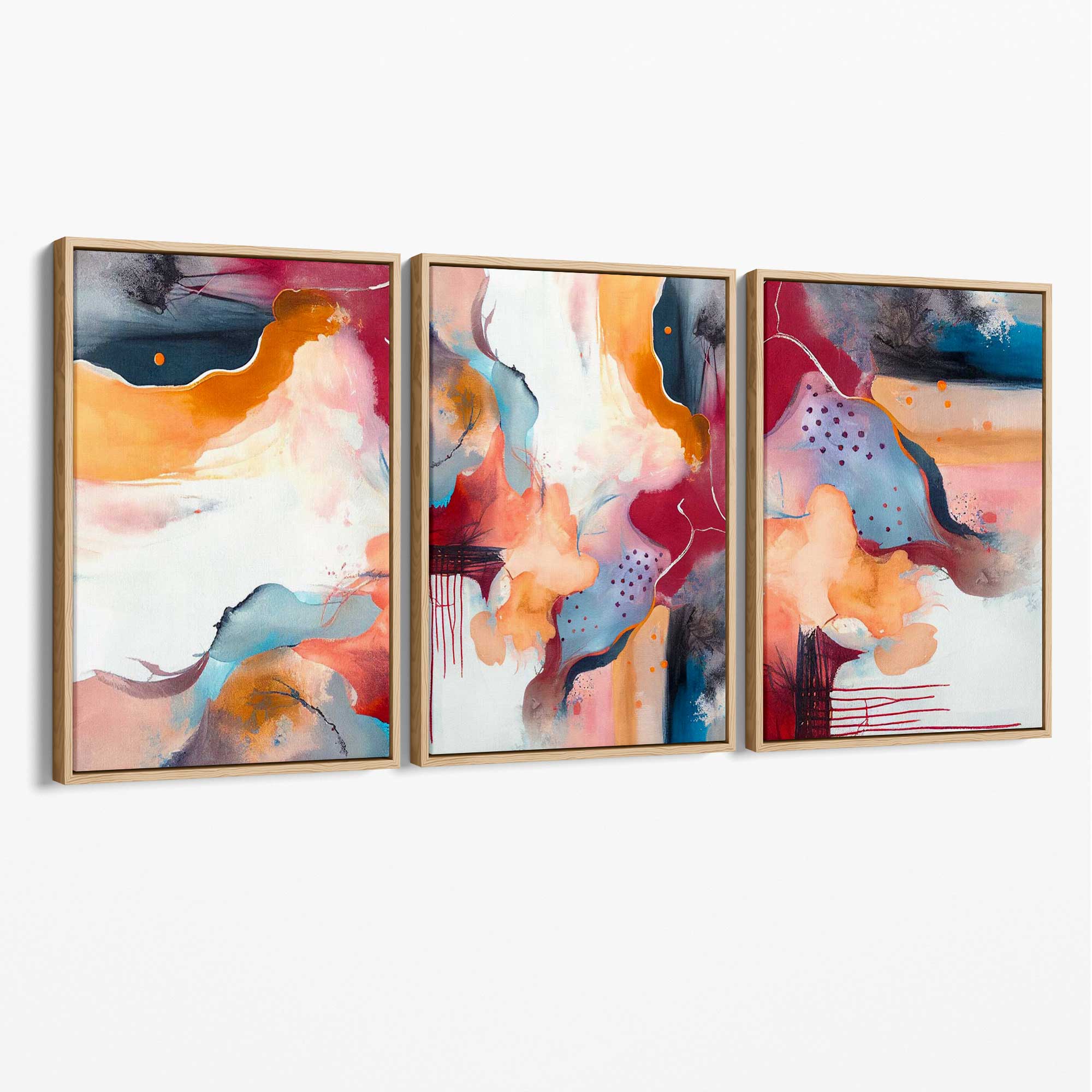 Abstract Colourful Modern Set of 3 Canvas Art Prints with Oak Float Frame