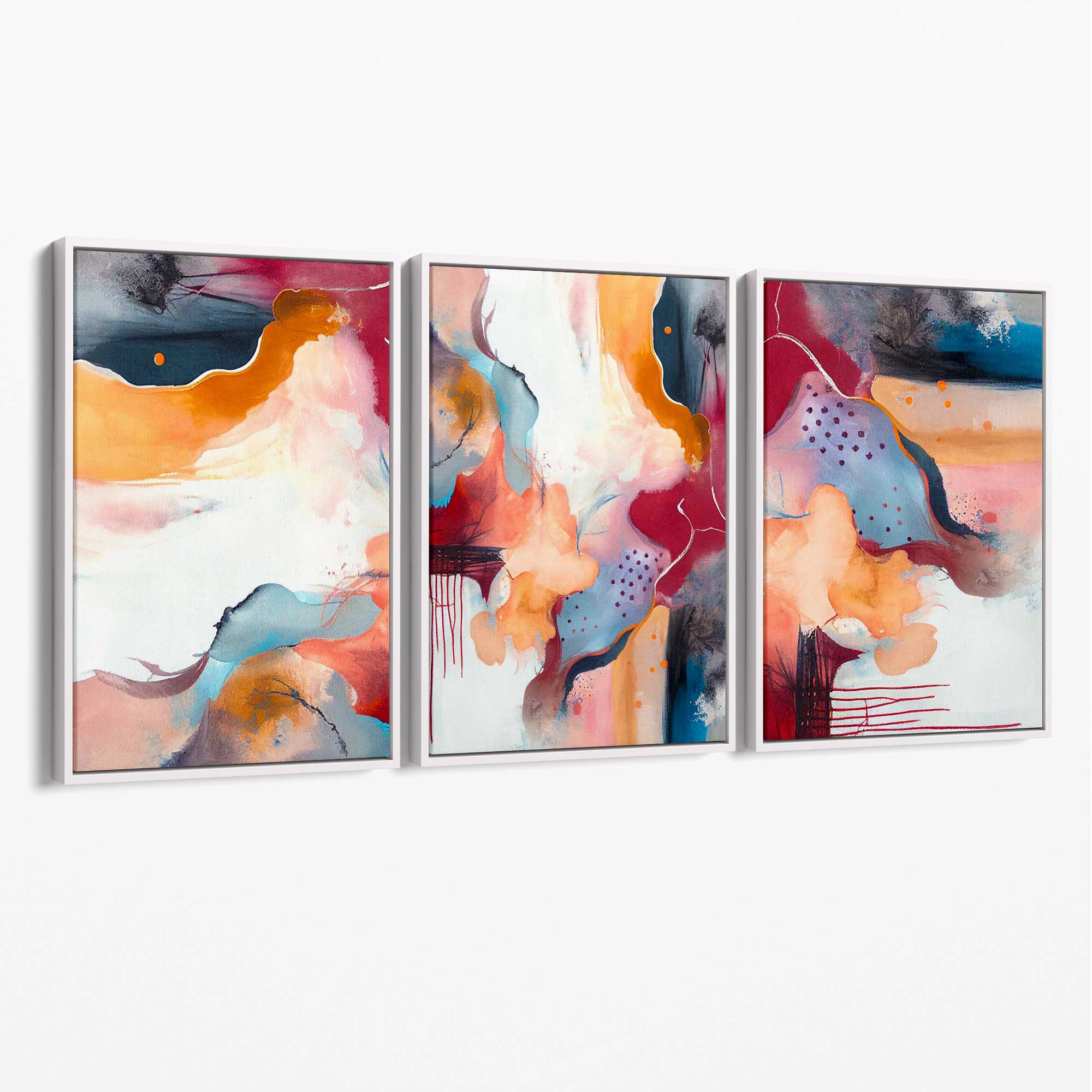 Abstract Colourful Modern Set of 3 Canvas Art Prints with White Float Frame