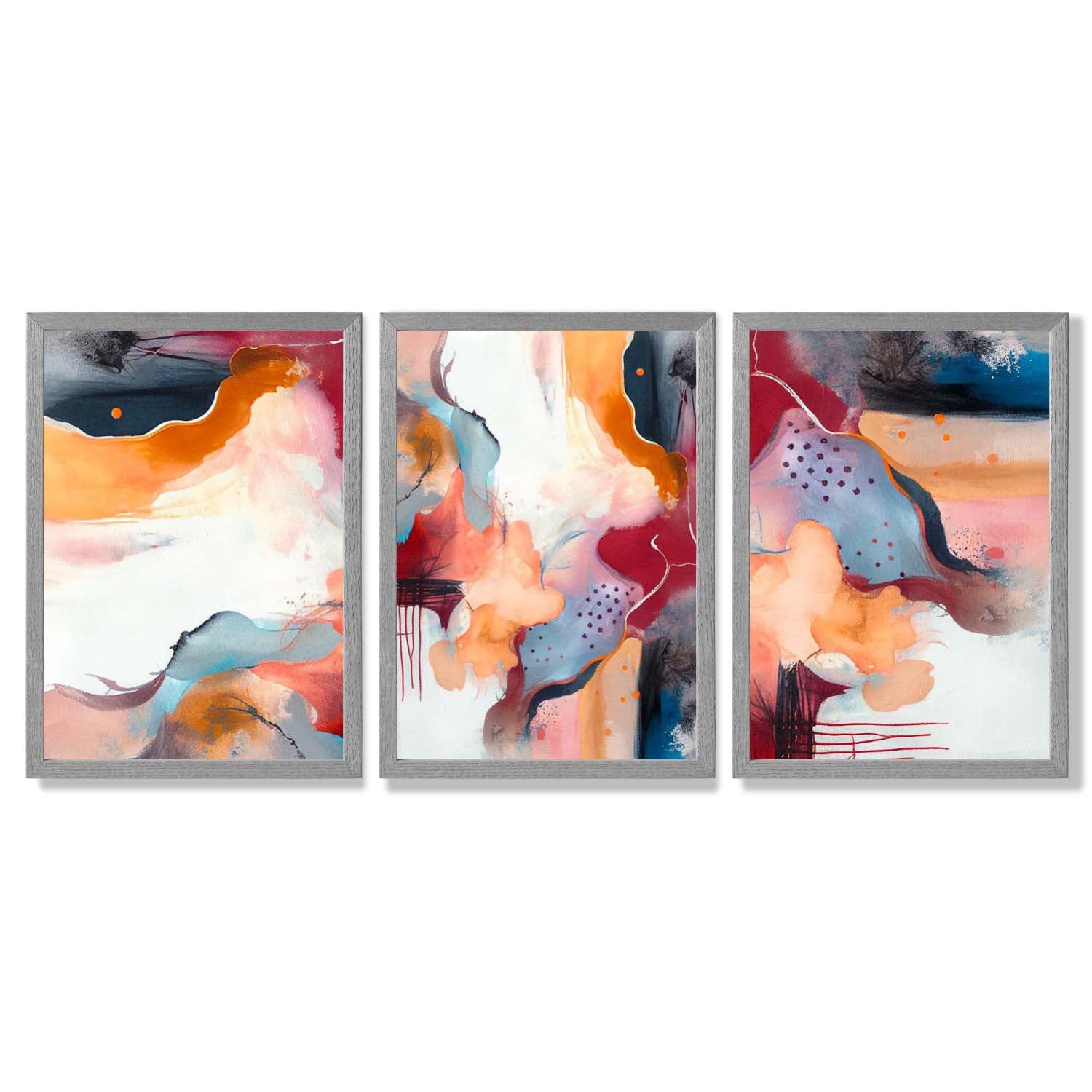 Abstract Colourful Modern Set of 3 Framed Art Prints with Light Grey Wooden Frames