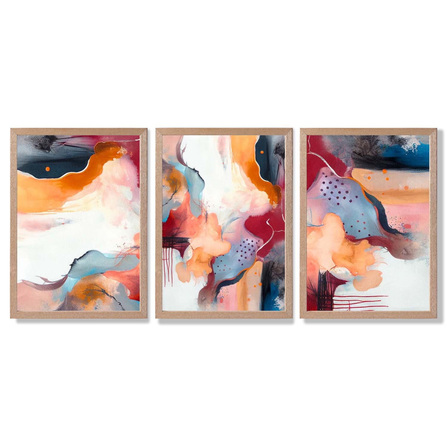 Abstract Colourful Modern Set of 3 Framed Art Prints with Light Oak Frames
