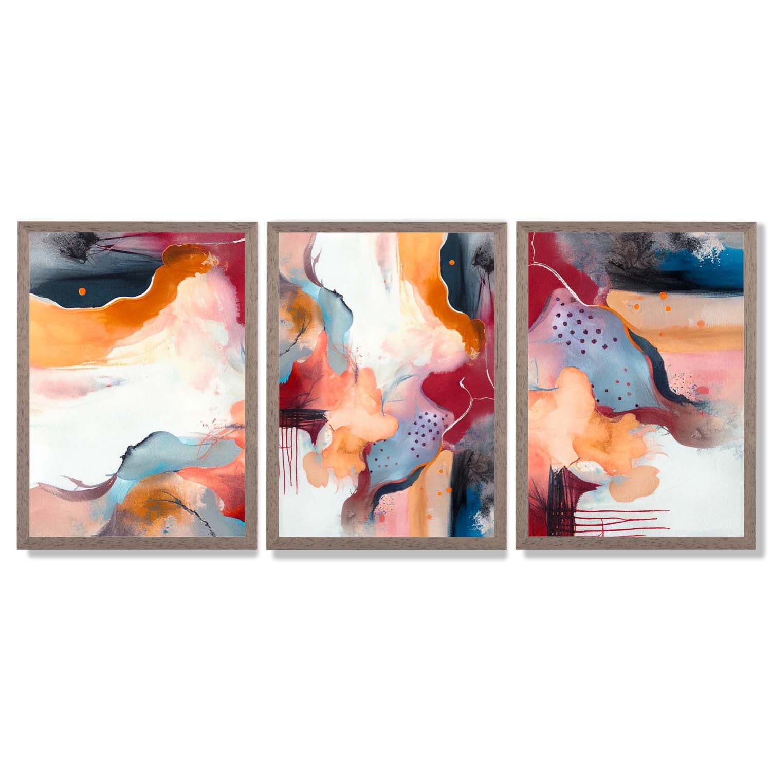 Abstract Colourful Modern Set of 3 Framed Art Prints with Light Walnut Frames