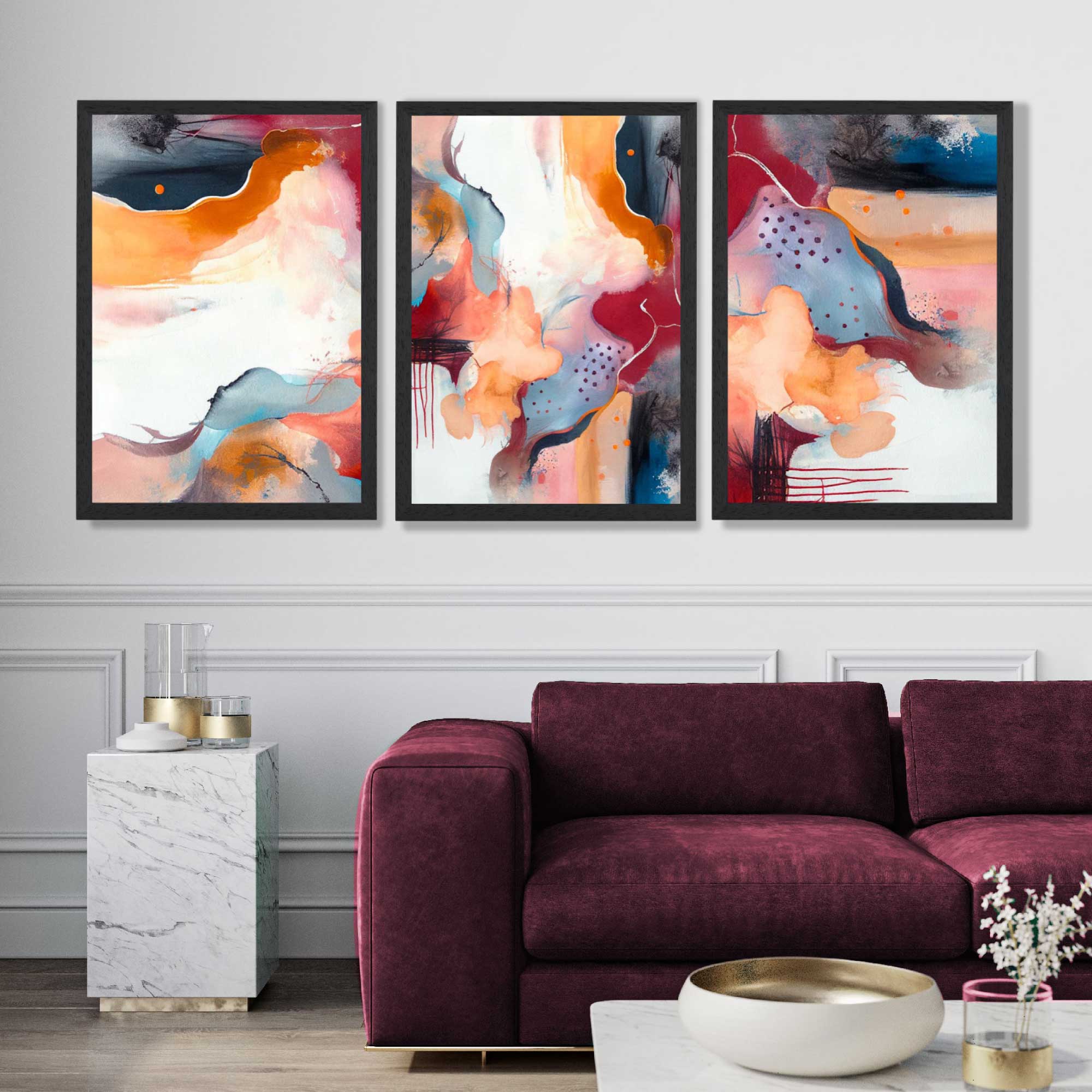 Abstract Colourful Modern Set of 3 Framed Art Prints in Luxury Frames | Artze UK