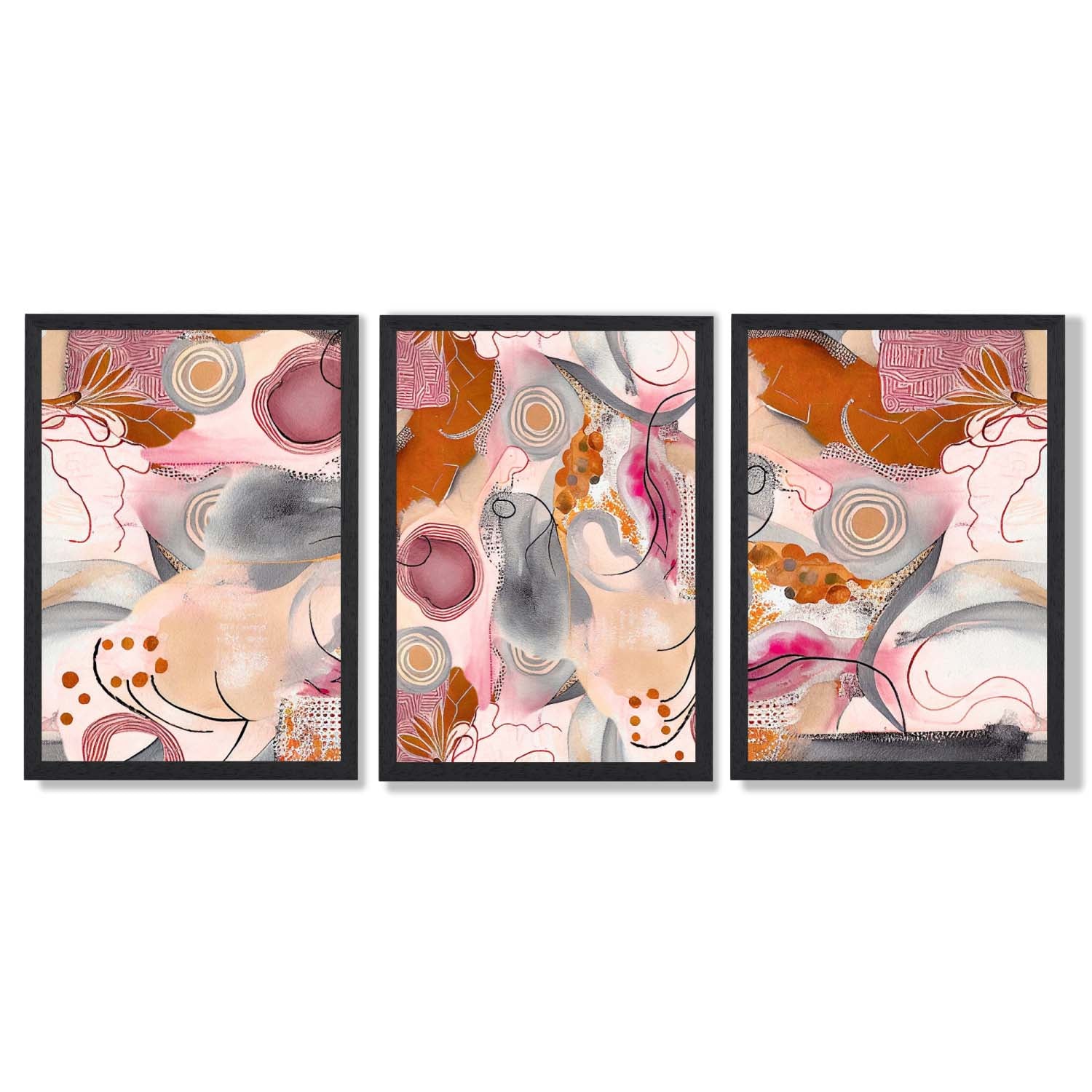 Abstract Colourful Indian Summer Set of 3 Framed Art Prints with Black Wooden Frames