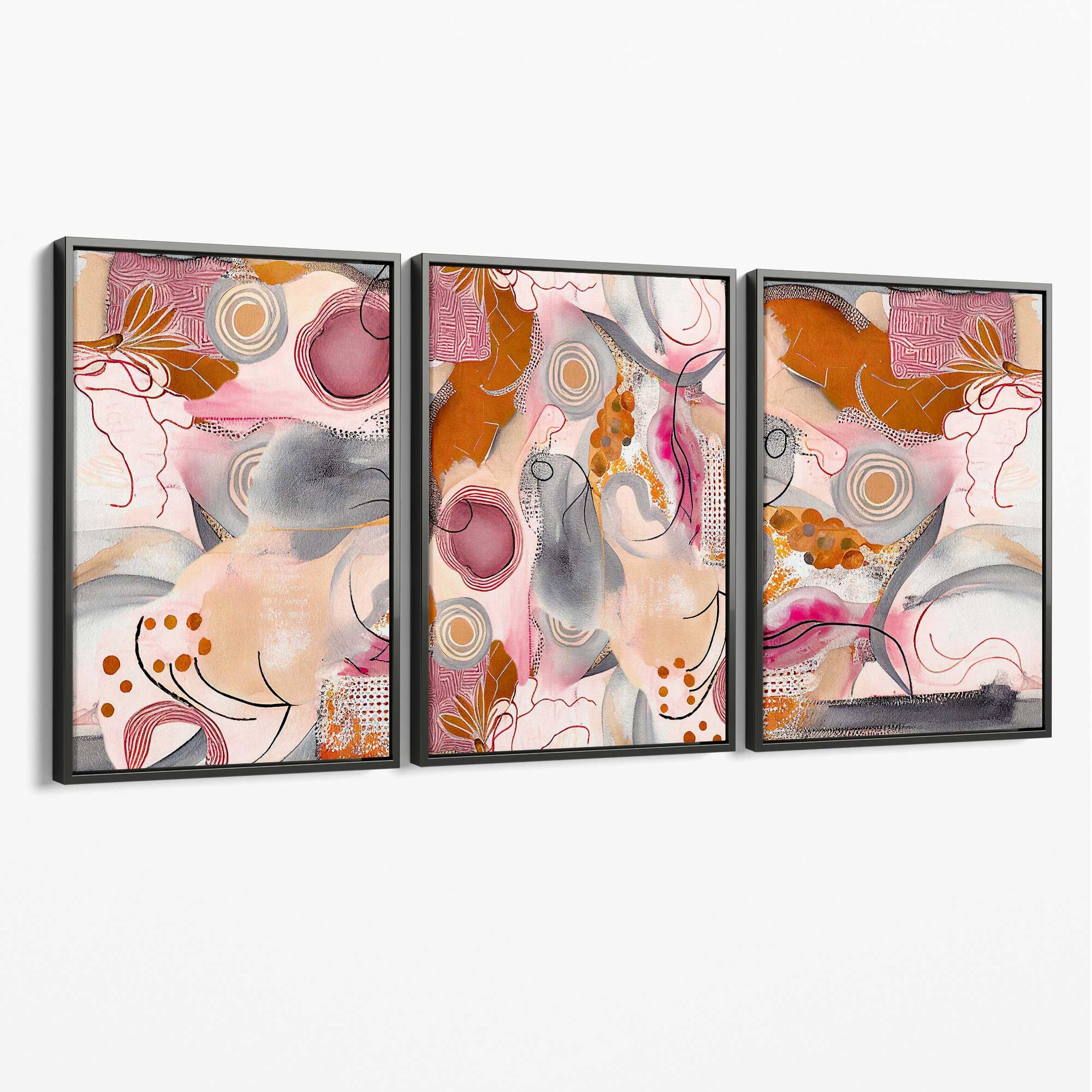Abstract Colourful Indian Summer Set of 3 Canvas Art Prints with Grey Float Frame