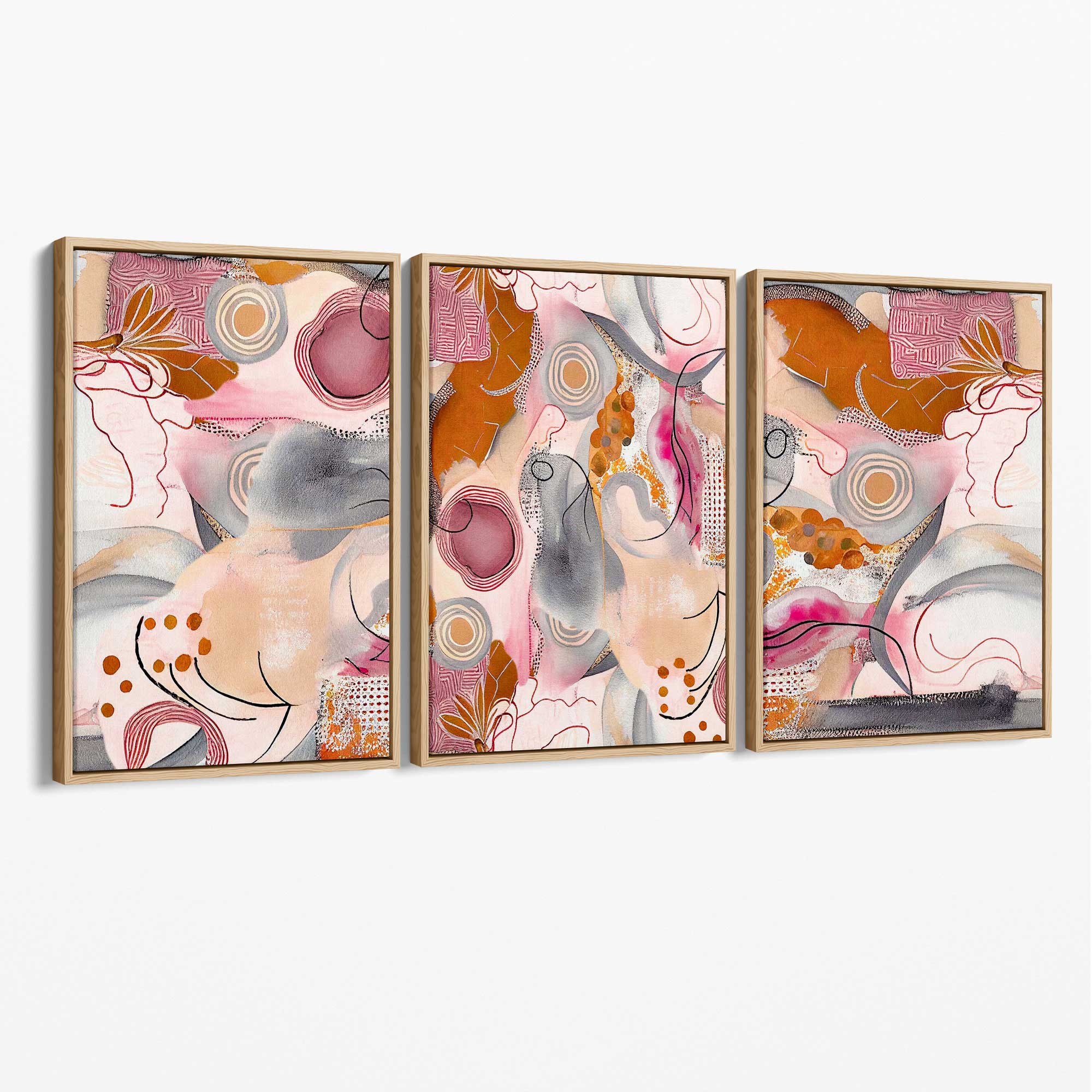 Abstract Colourful Indian Summer Set of 3 Canvas Art Prints with Oak Float Frame
