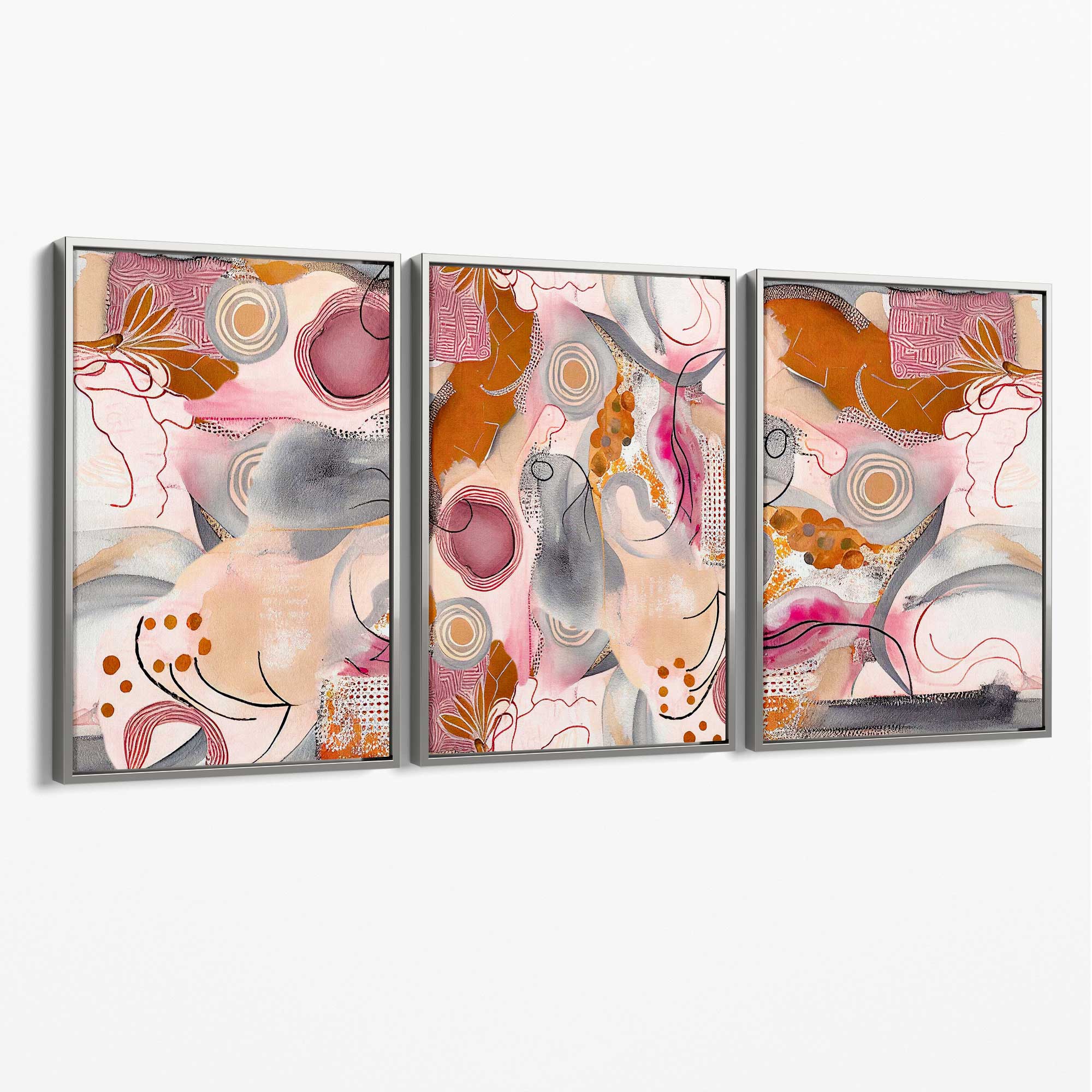 Abstract Colourful Indian Summer Set of 3 Canvas Art Prints with Silver Float Frame
