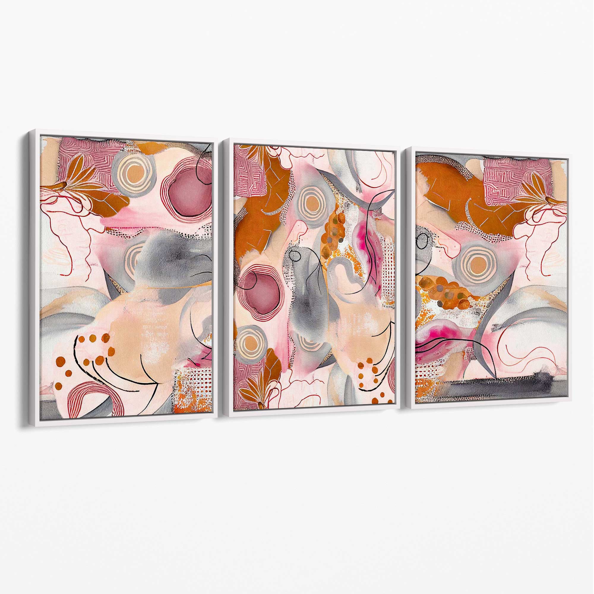 Abstract Colourful Indian Summer Set of 3 Canvas Art Prints with White Float Frame