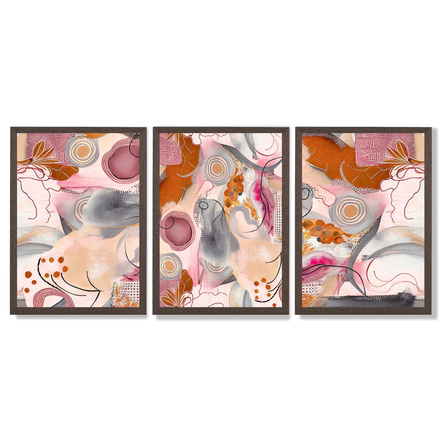 Abstract Colourful Indian Summer Set of 3 Framed Art Prints with Dark Wood Frames
