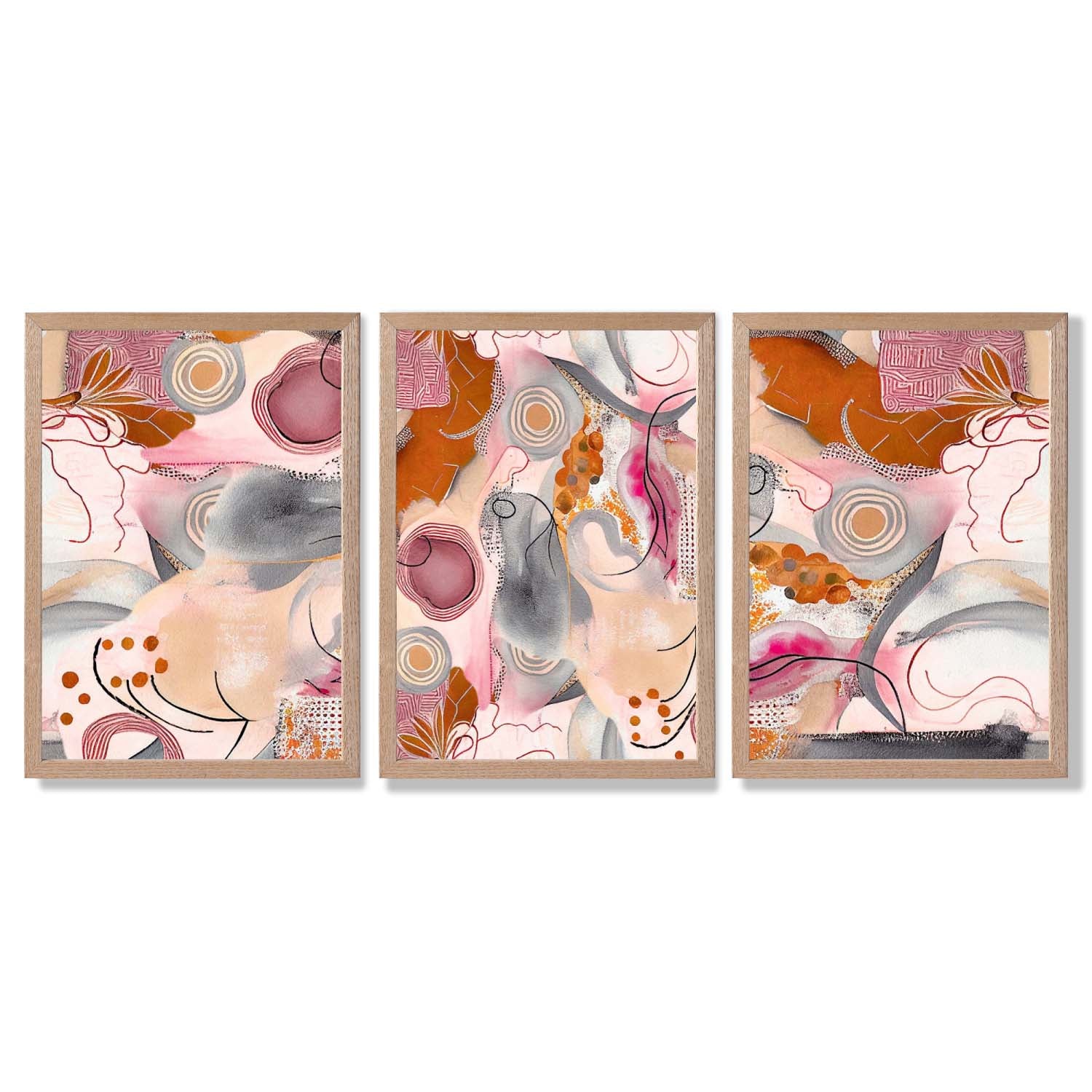 Abstract Colourful Indian Summer Set of 3 Framed Art Prints with Light Oak Frames
