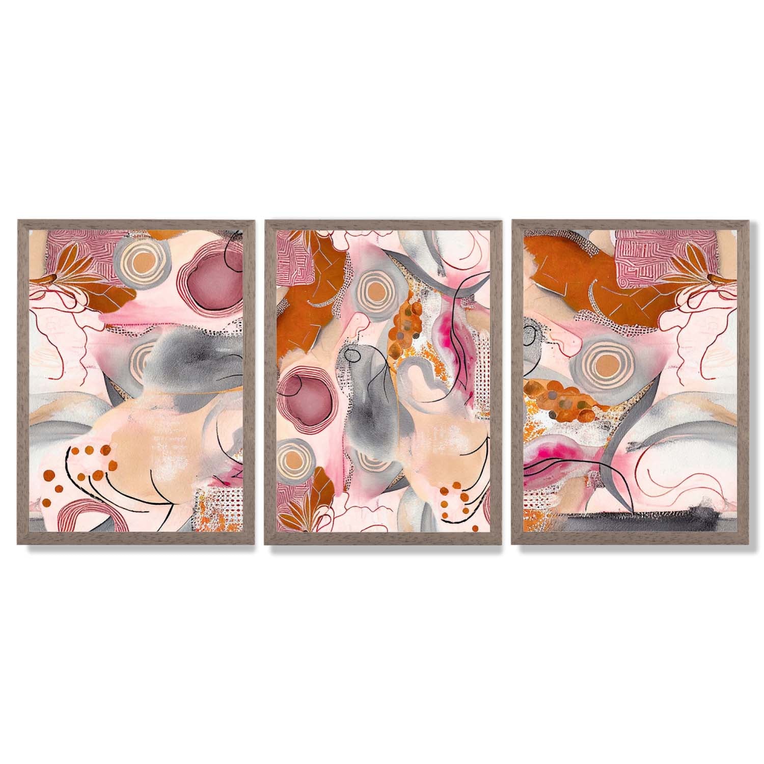Abstract Colourful Indian Summer Set of 3 Framed Art Prints with Light Walnut Frames