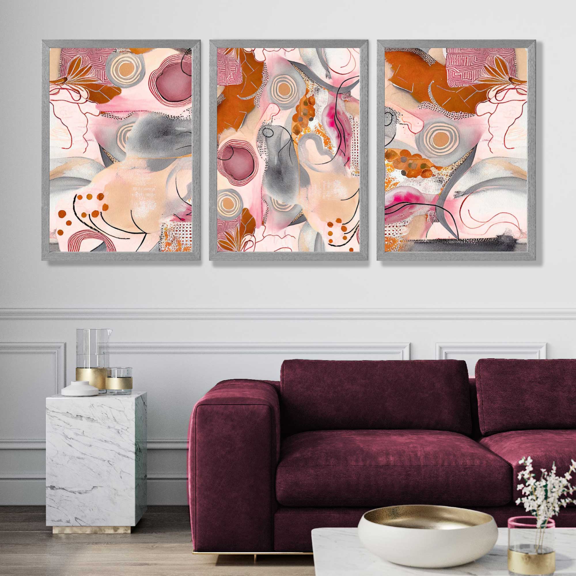 Abstract Colourful Indian Summer Set of 3 Art Prints in Luxury Frames | Artze UK