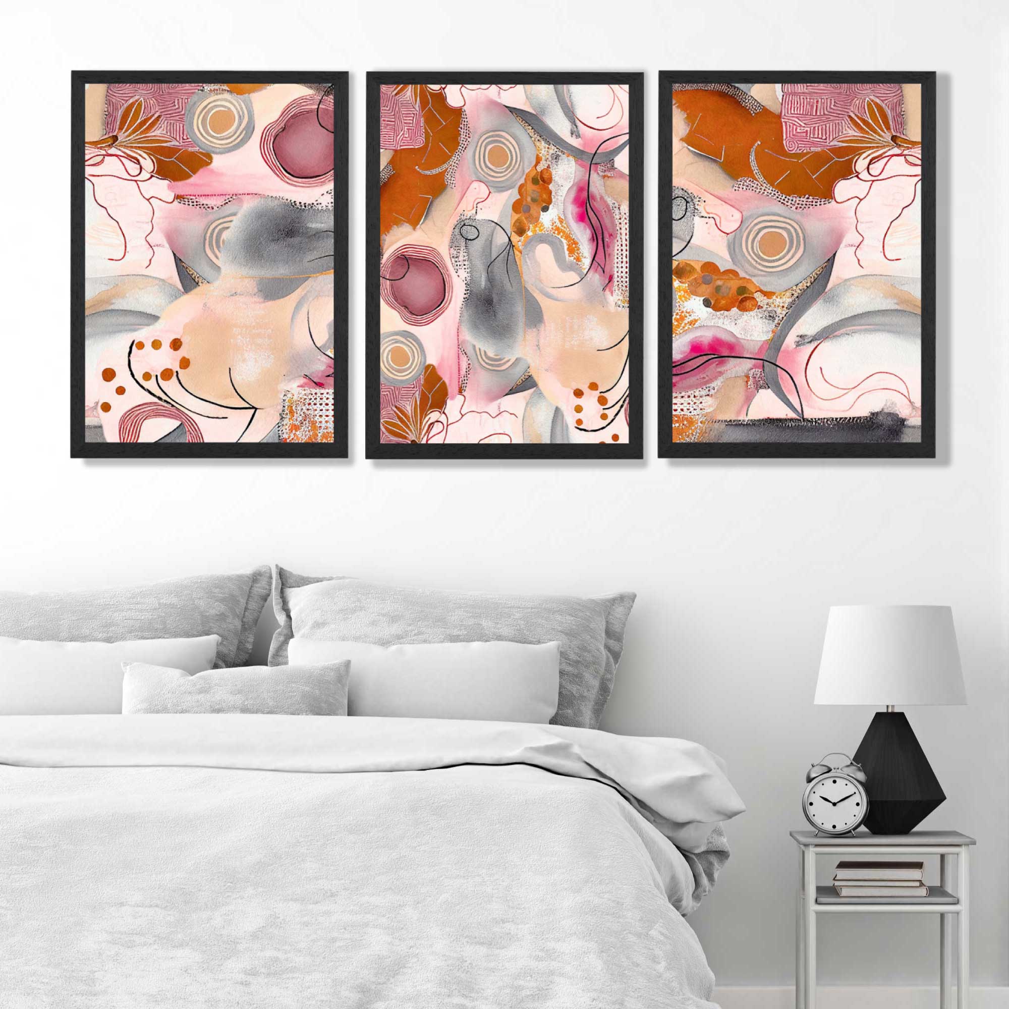 Abstract Colourful Indian Summer Set of 3 Art Prints in Black Frames | Artze UK