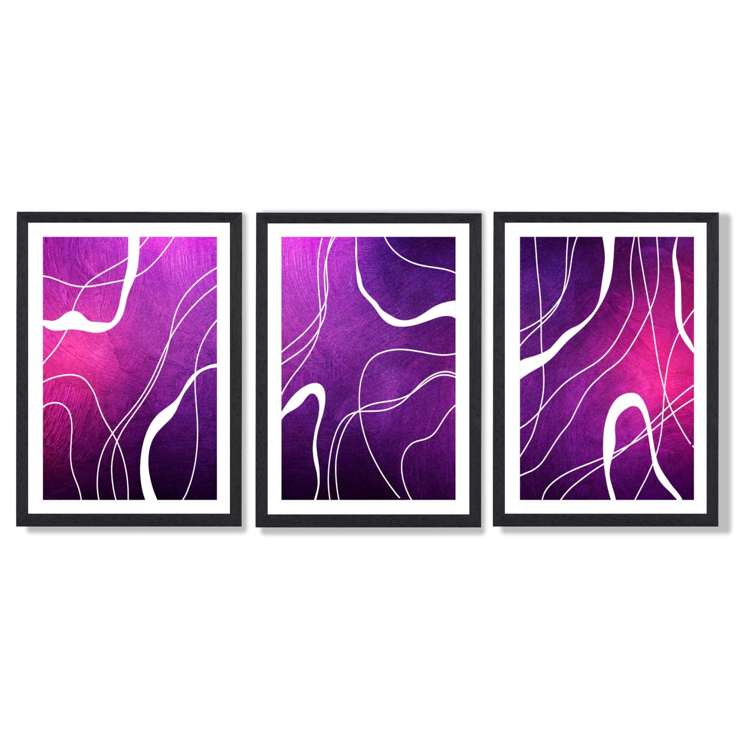 Abstract Ribbons on Purple and Pink Set of 3 Framed Art Prints with Black Wooden Frames
