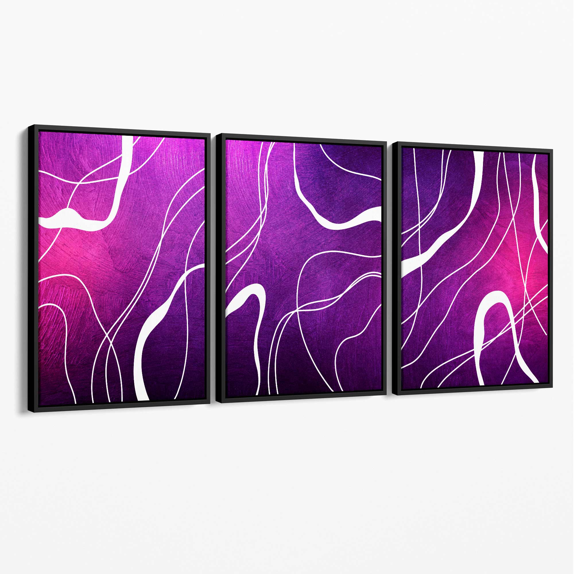Abstract Ribbons on Purple and Pink Set of 3 Canvas Art Prints with Black Float Frame