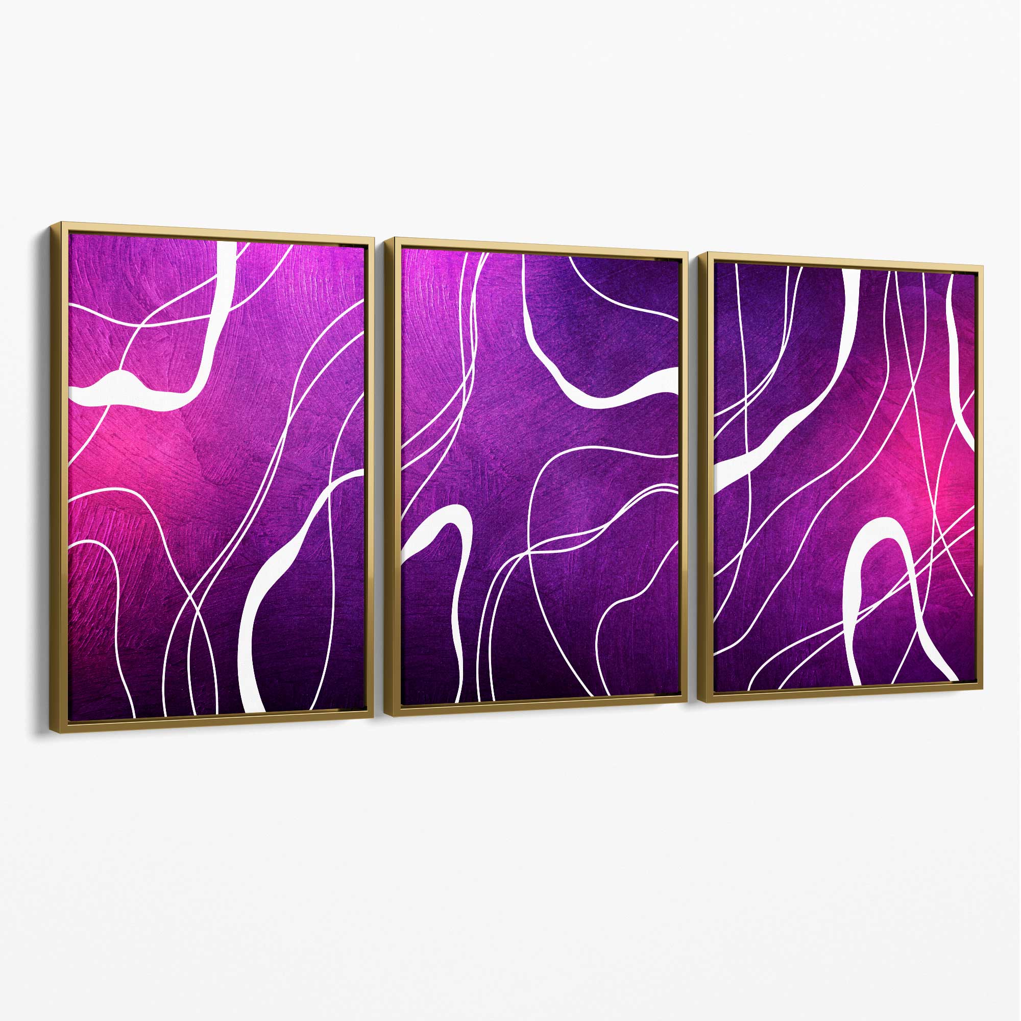 Abstract Ribbons on Purple and Pink Set of 3 Canvas Art Prints with Gold Float Frame