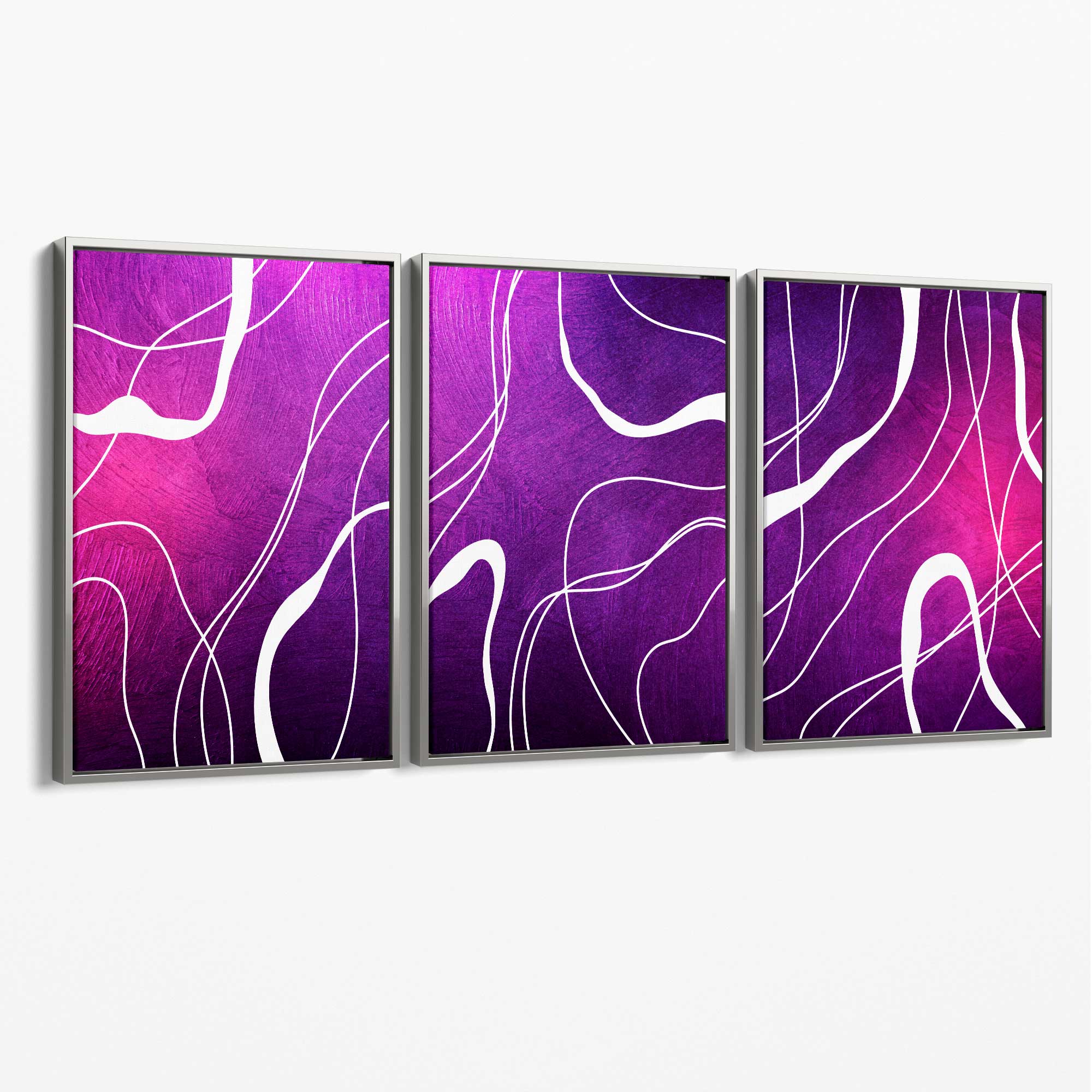 Abstract Ribbons on Purple and Pink Set of 3 Canvas Art Prints with Silver Float Frame