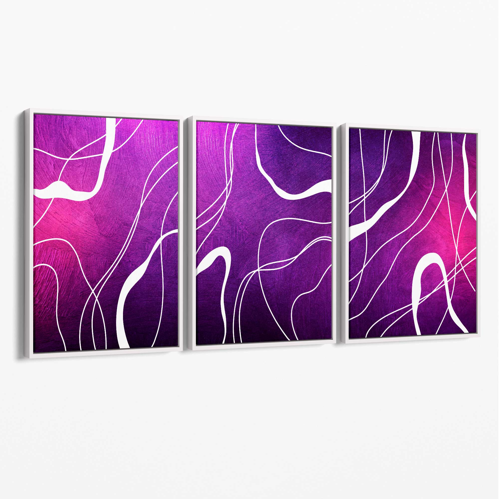 Abstract Ribbons on Purple and Pink Set of 3 Canvas Art Prints with White Float Frame