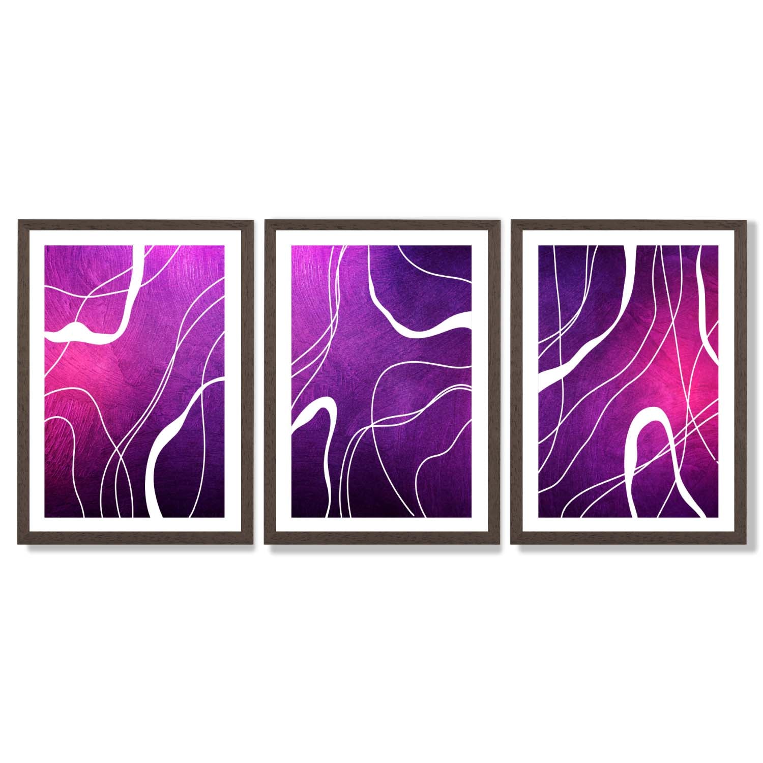 Abstract Ribbons on Purple and Pink Set of 3 Framed Art Prints with Dark Wood Frames