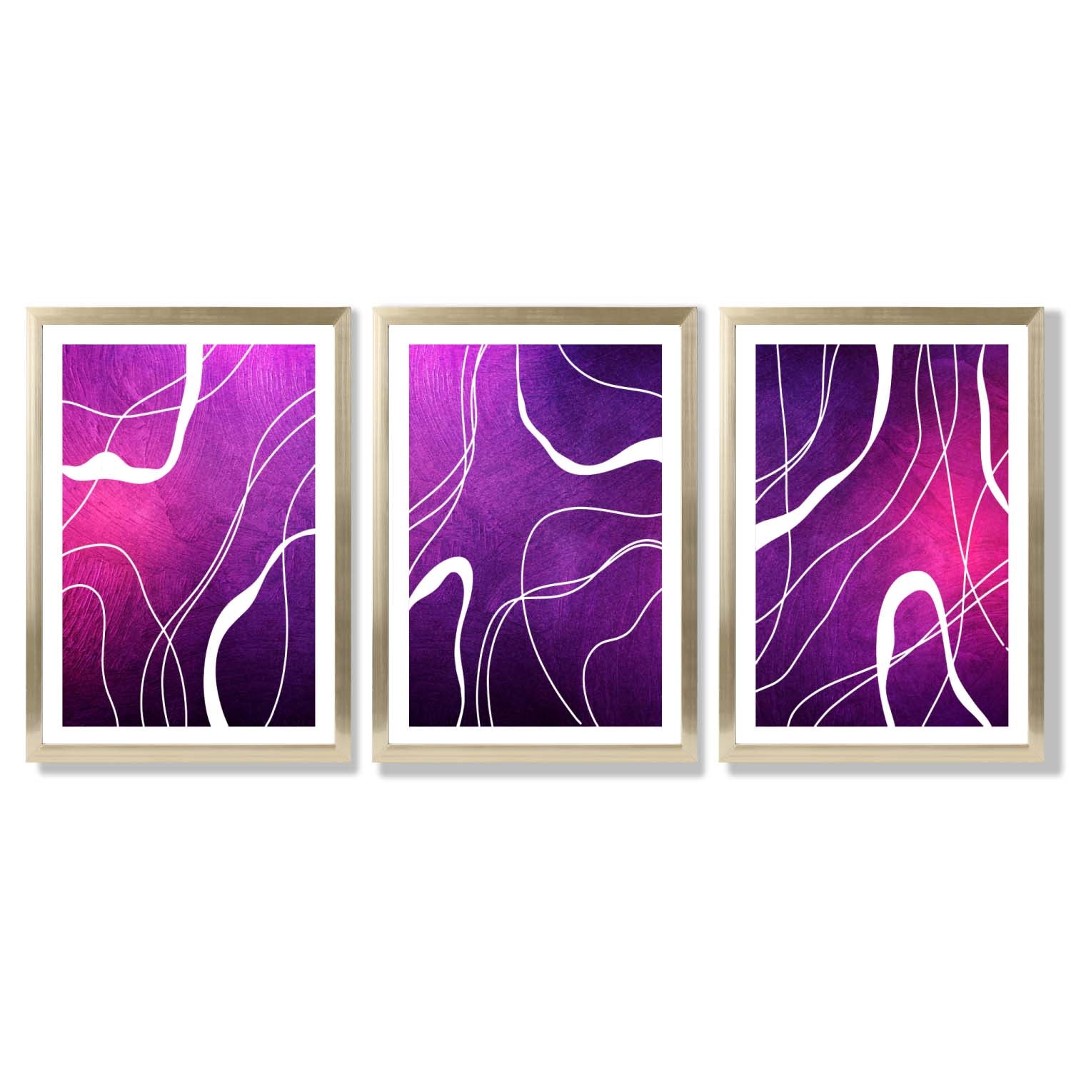 Abstract Ribbons on Purple and Pink Set of 3 Framed Art Prints with Gold Wood Frames