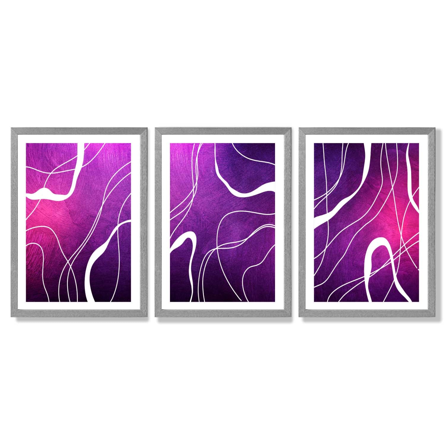Abstract Ribbons on Purple and Pink Set of 3 Framed Art Prints with Light Grey Wooden Frames