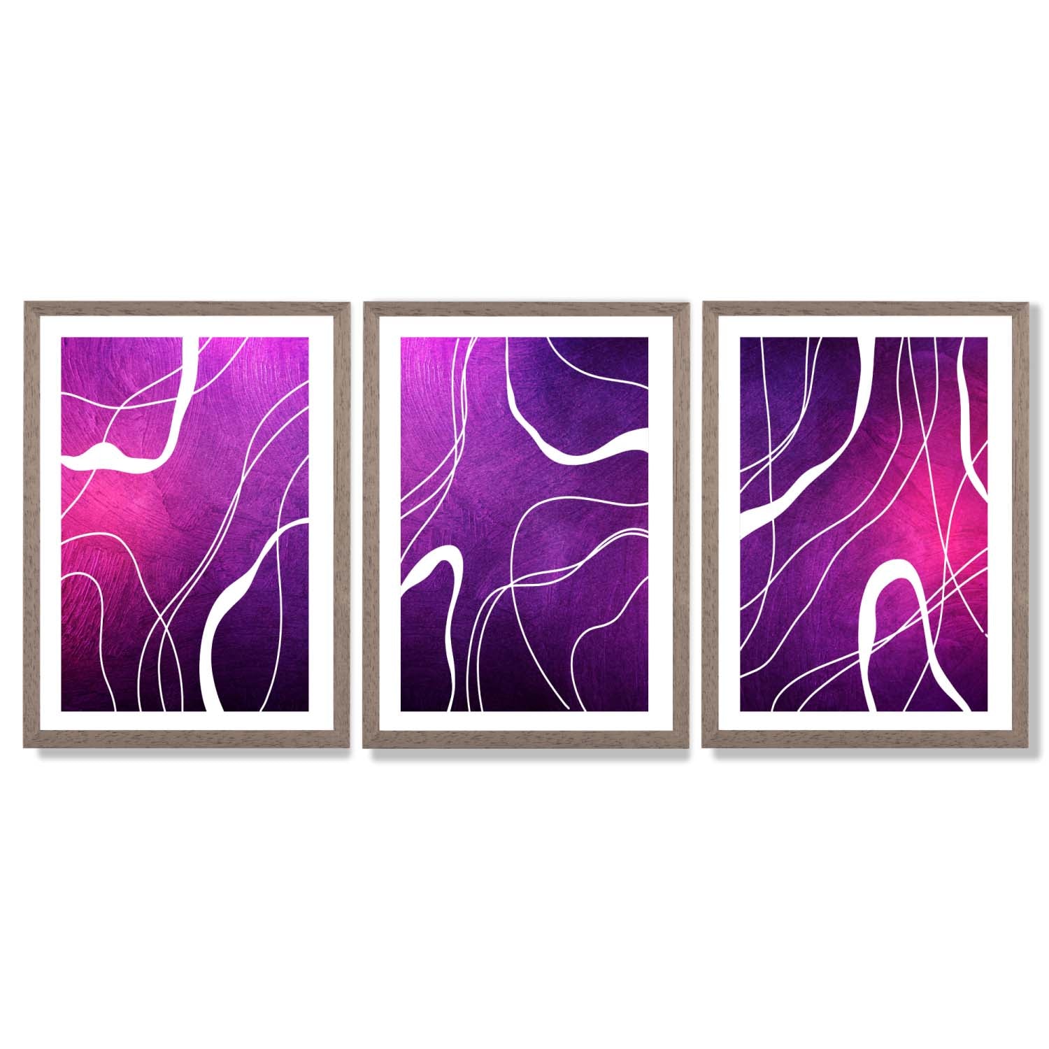 Abstract Ribbons on Purple and Pink Set of 3 Framed Art Prints with Light Walnut Frames