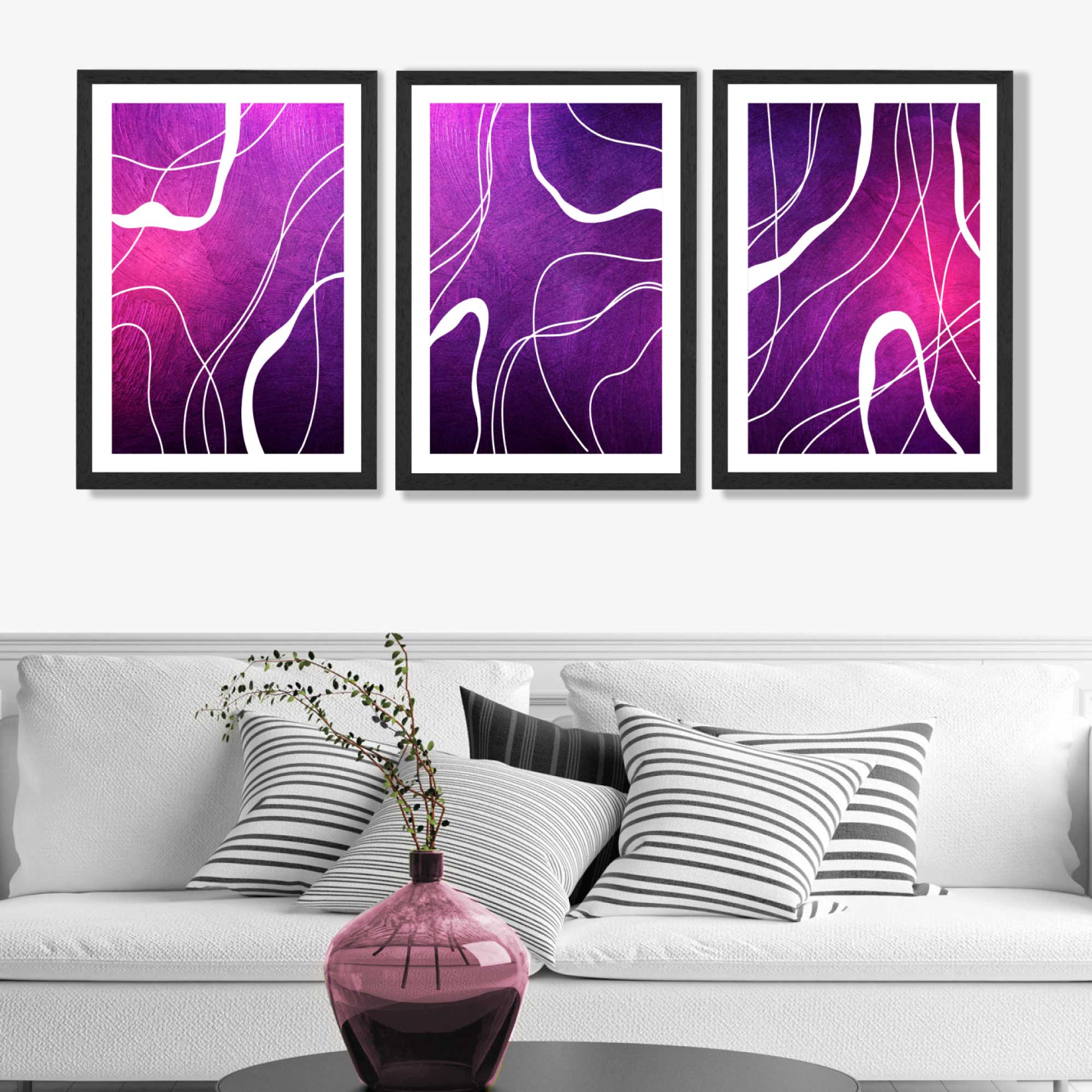 Abstract Ribbons on Purple and Pink Set of 3 Art Prints in Black Frames | Artze UK