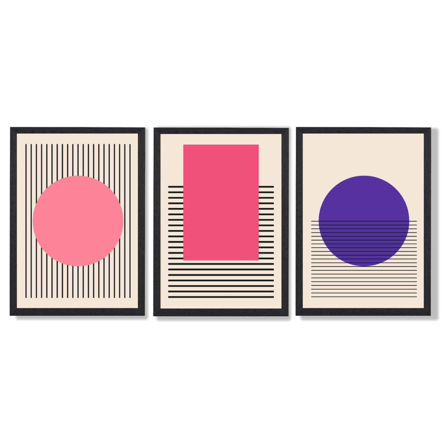 Pink and Purple Modern Geometric Shapes Set of 3 Framed Art Prints with Black Wooden Frames