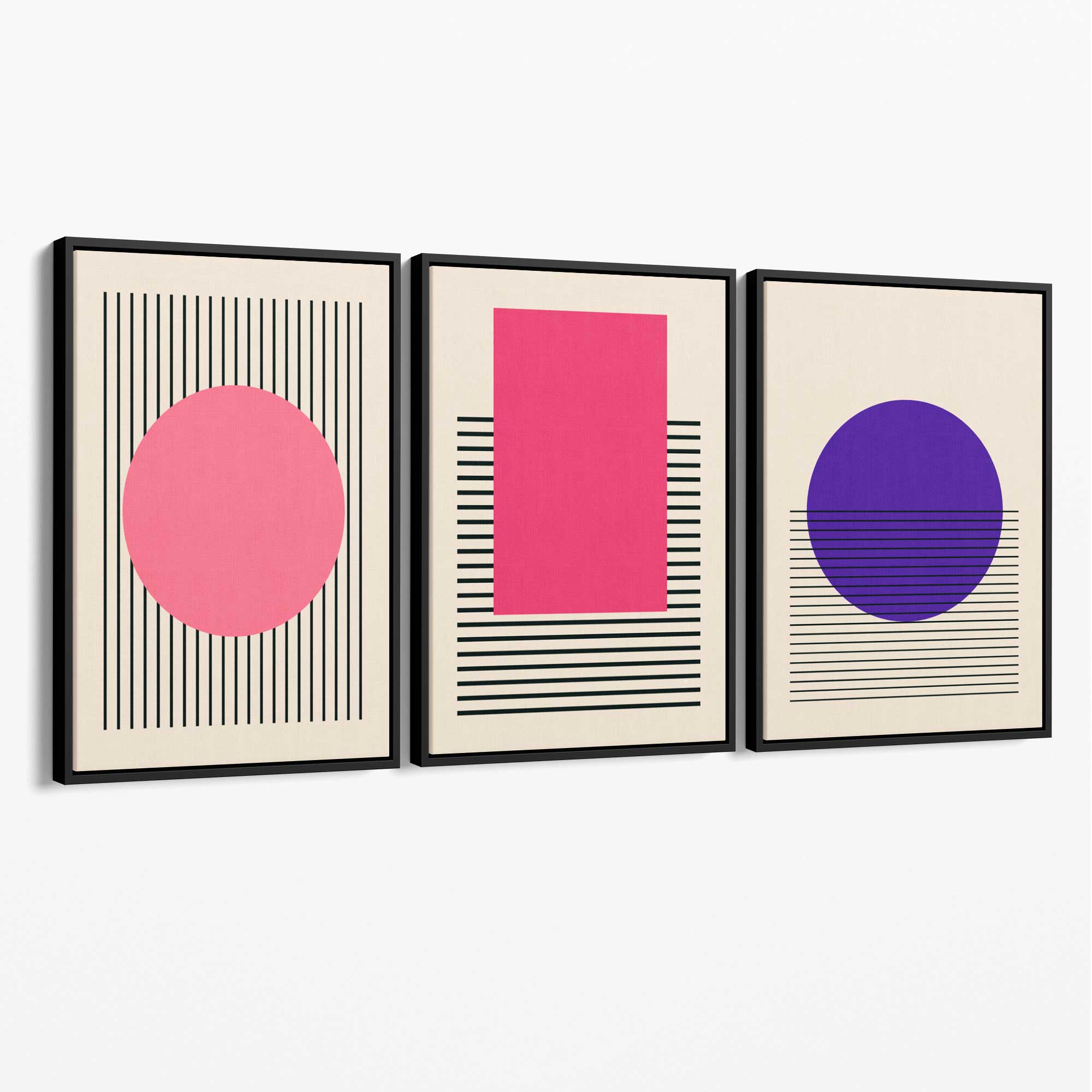 Pink and Purple Modern Geometric Shapes Set of 3 Canvas Art Prints with Black Float Frame