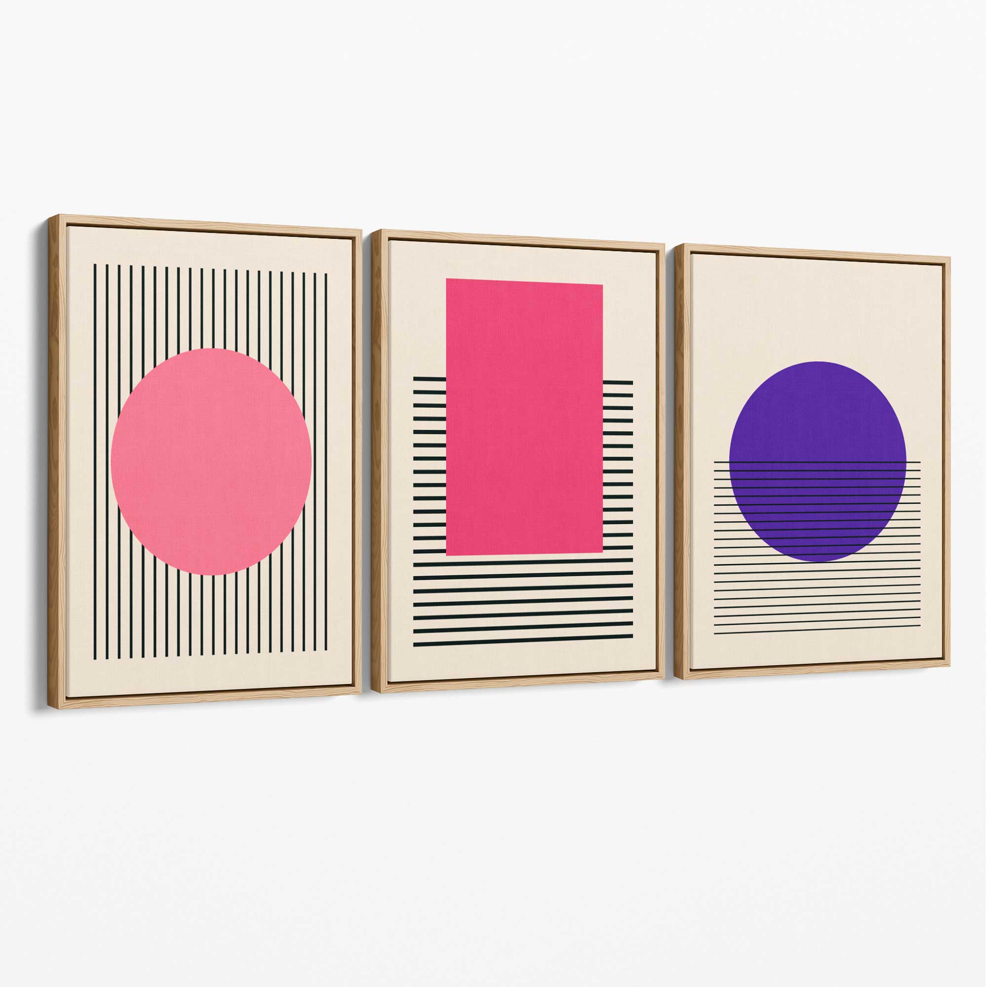 Pink and Purple Modern Geometric Shapes Set of 3 Canvas Art Prints with Oak Float Frame