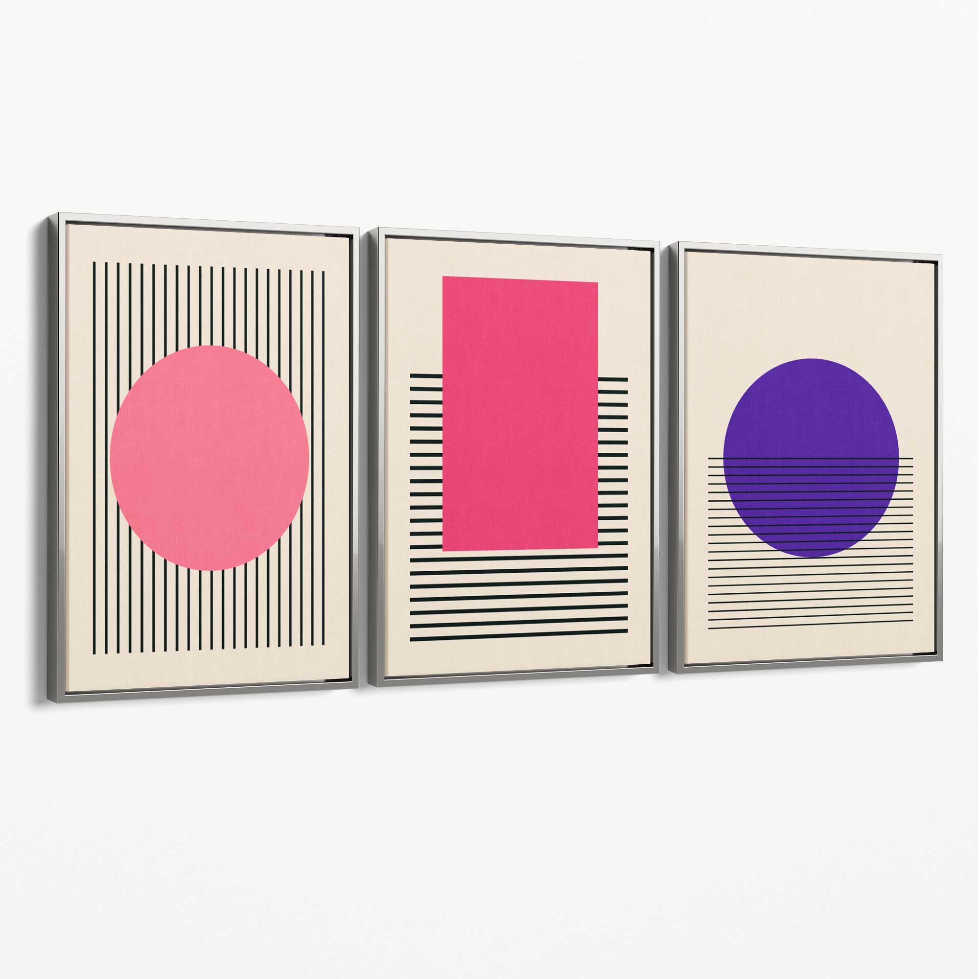 Pink and Purple Modern Geometric Shapes Set of 3 Canvas Art Prints with Silver Float Frame