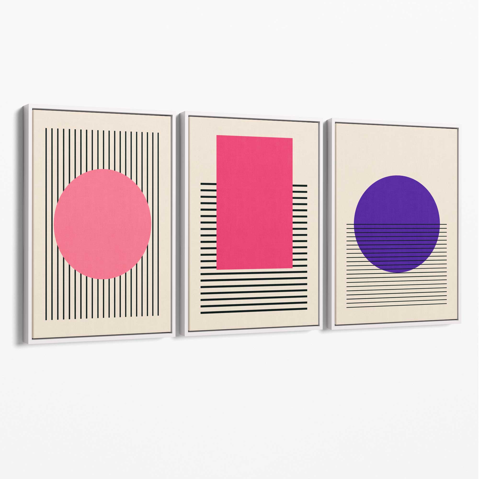Pink and Purple Modern Geometric Shapes Set of 3 Canvas Art Prints with White Float Frame