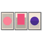 Pink and Purple Modern Geometric Shapes Set of 3 Framed Art Prints with Dark Grey Wooden Frames