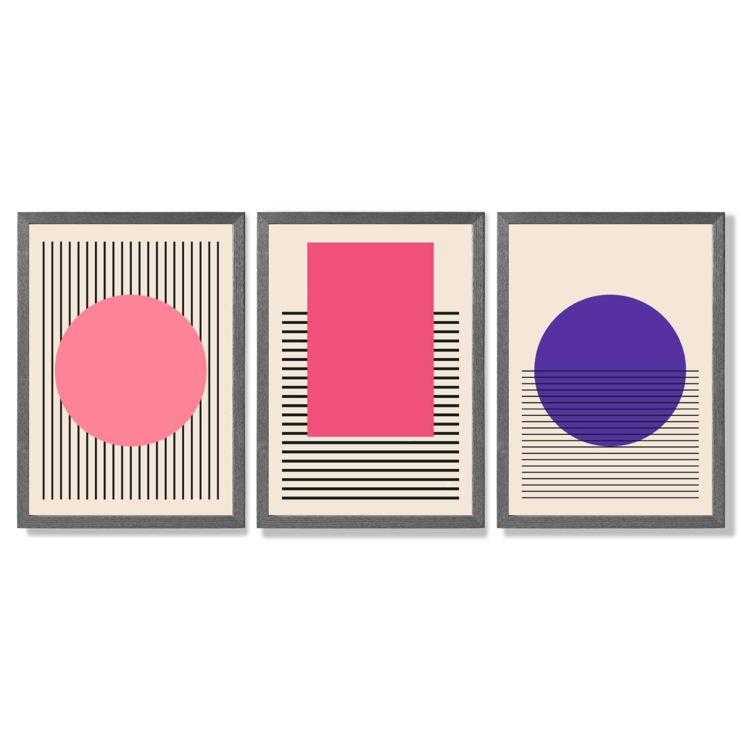 Pink and Purple Modern Geometric Shapes Set of 3 Framed Art Prints with Dark Grey Wooden Frames